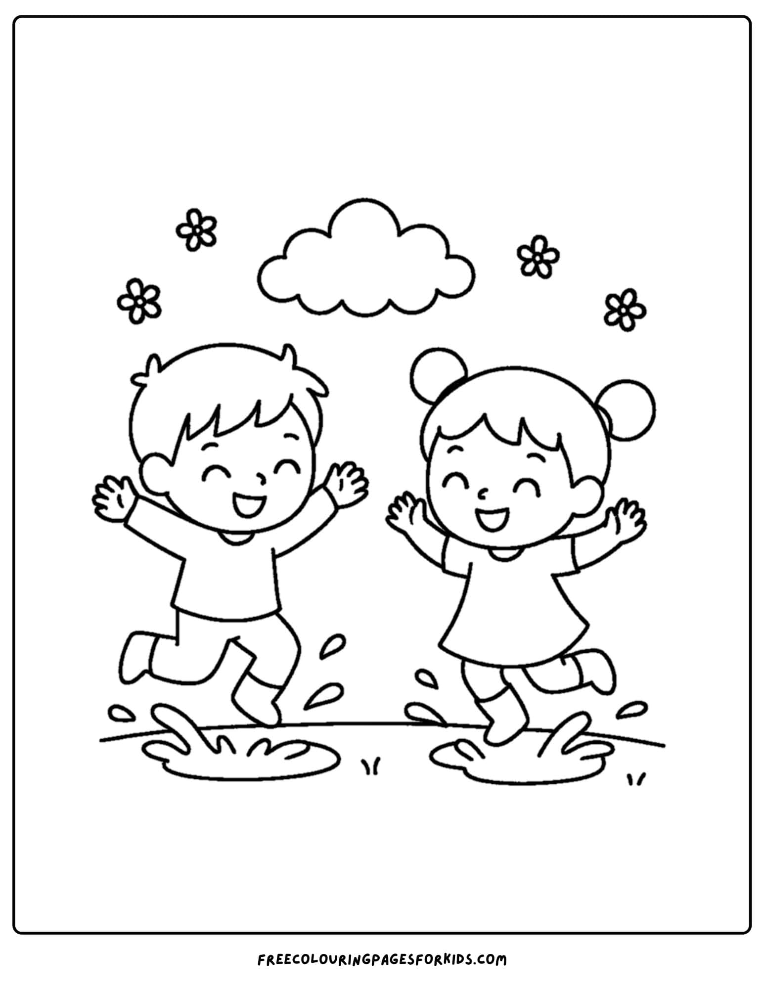 a spring themed coloring page featuring kids jumping in puddles