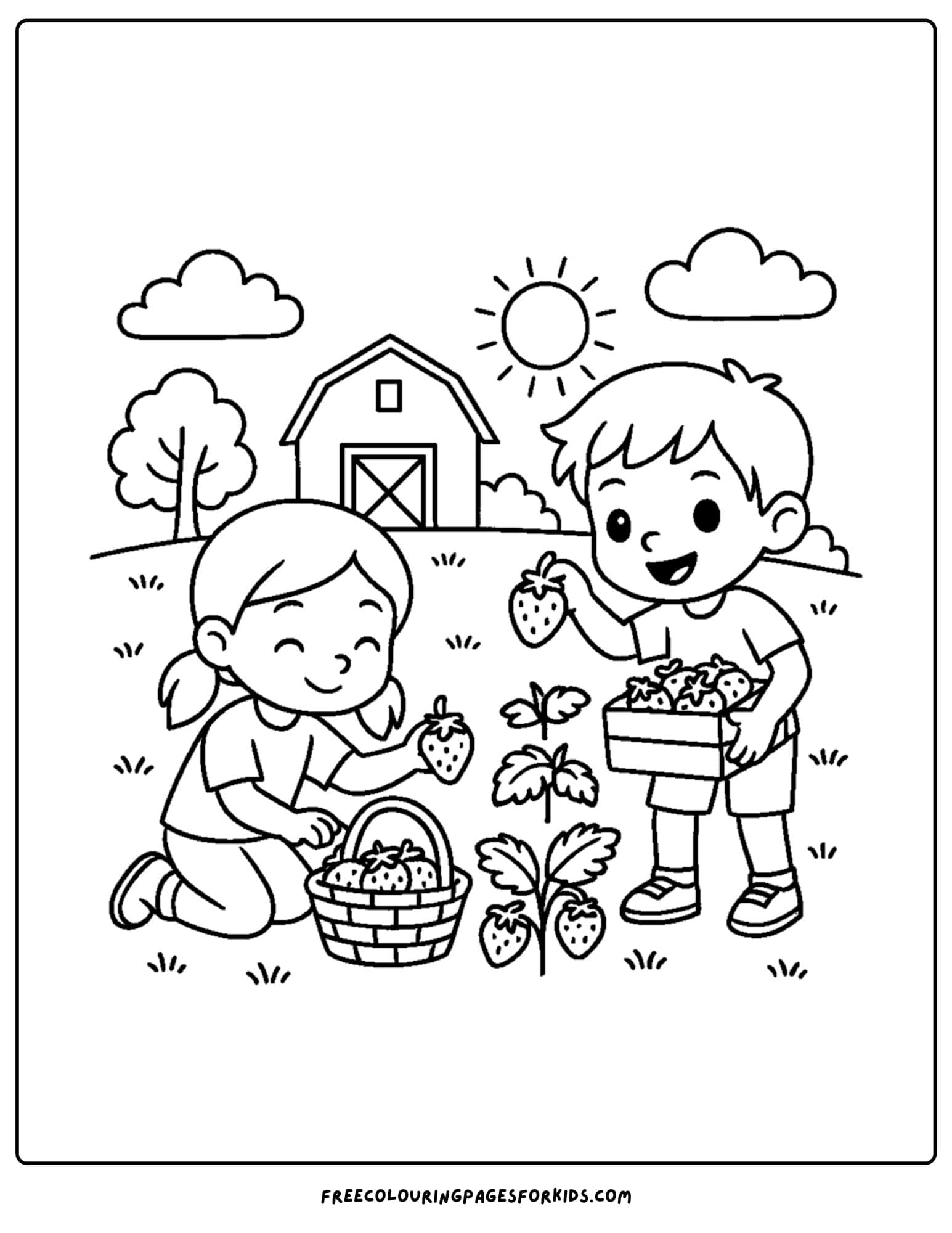 a spring themed coloring page featuring kids picking strawberries on a farm