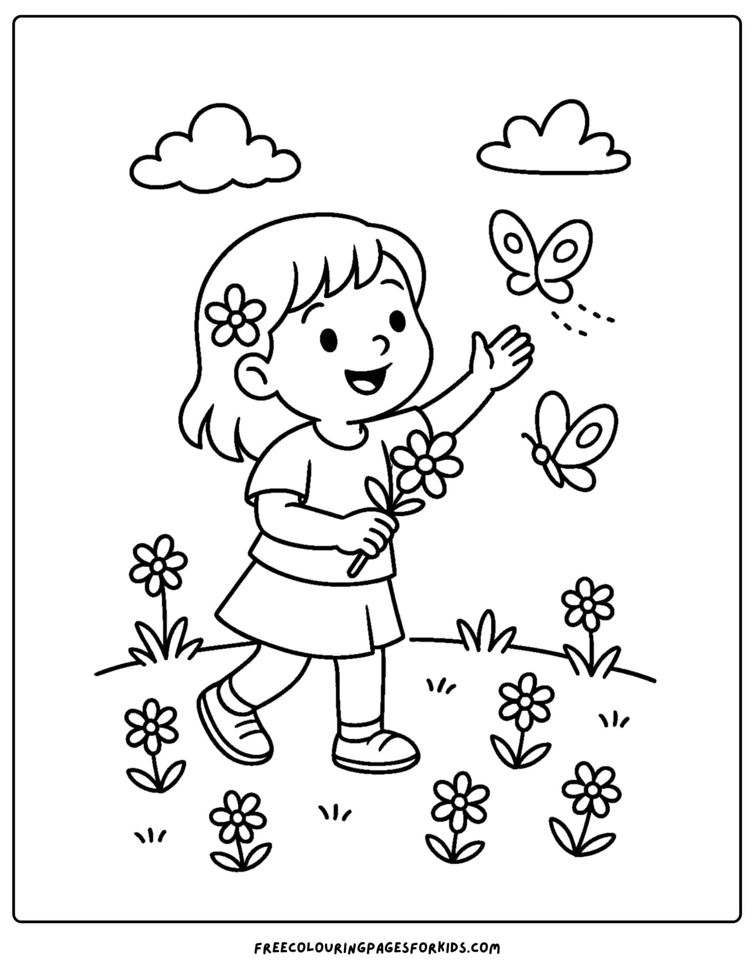 a spring themed coloring page featuring a child playing with butterflies