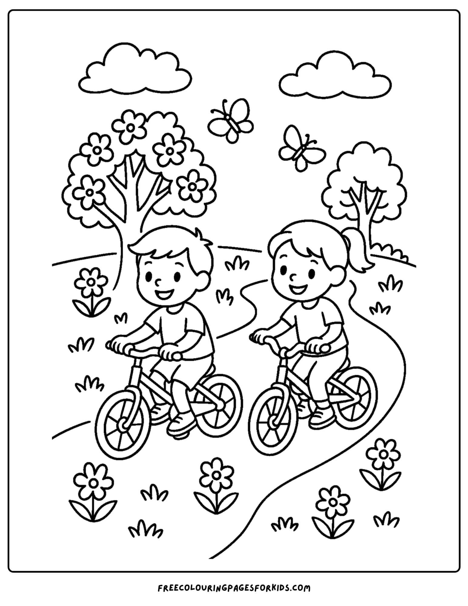 a spring themed coloring page featuring kids riding bikes on a path