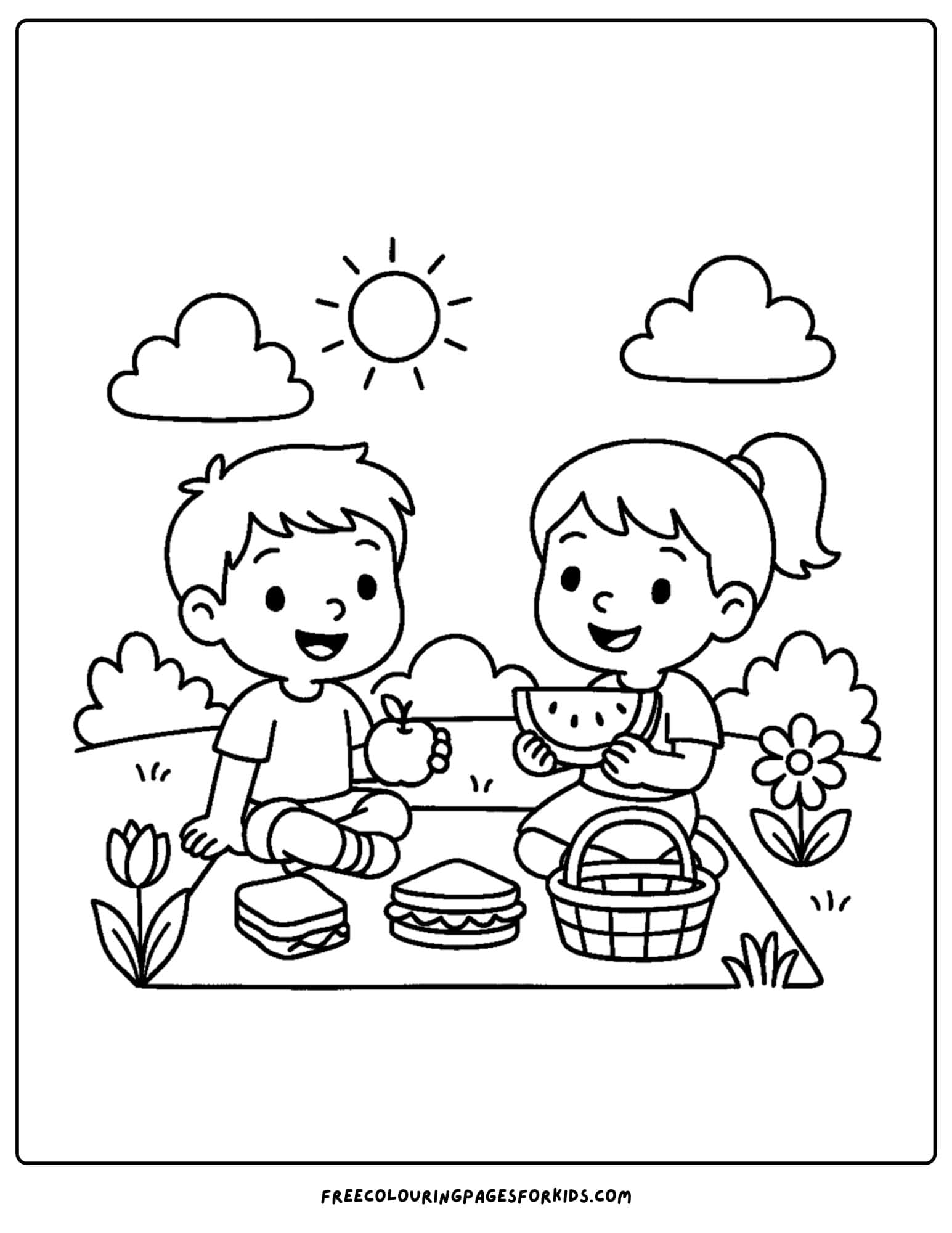 a spring themed coloring page featuring a picnic scene with some kids