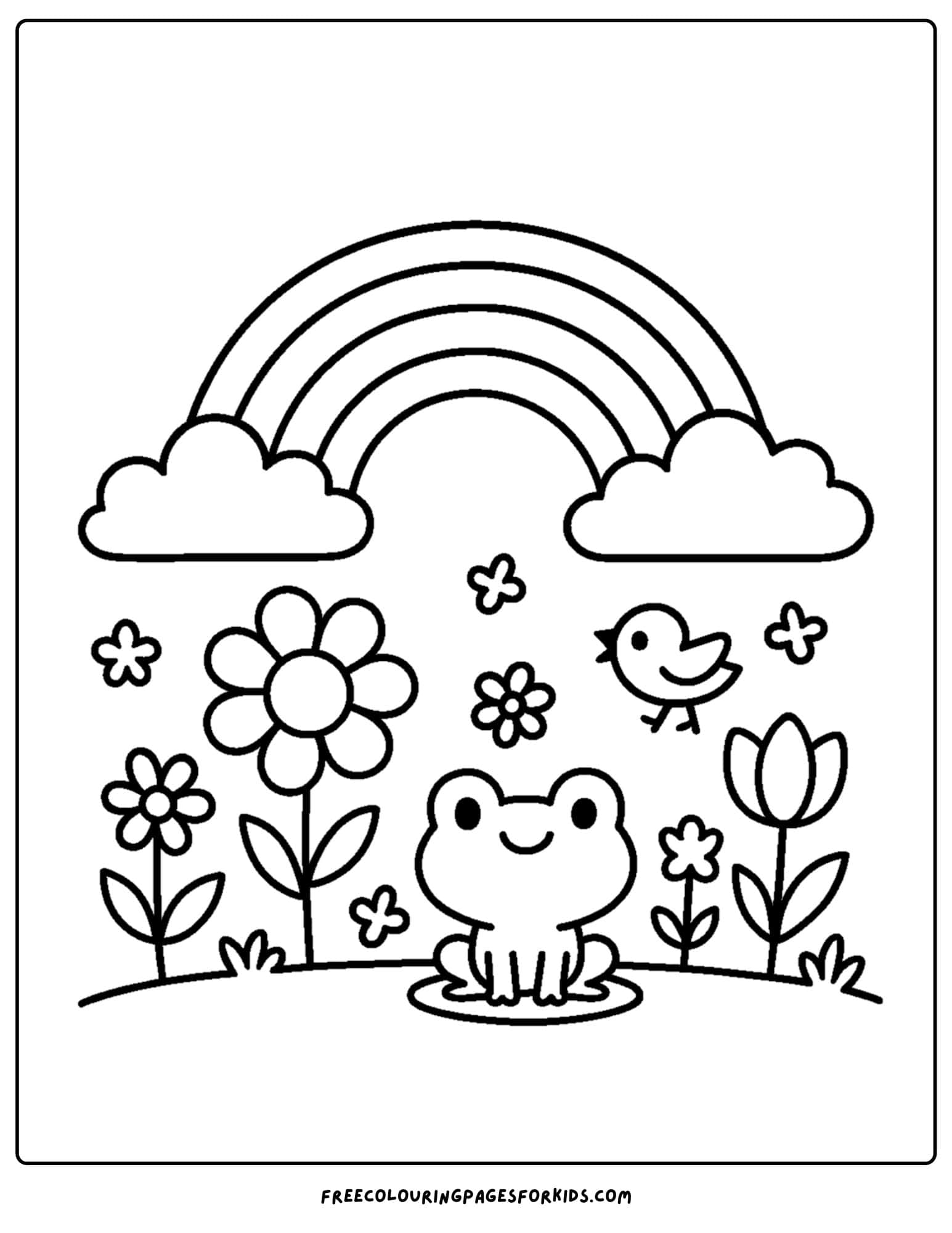 a spring themed coloring page featuring a rainbow with clouds above some flowers and a frog