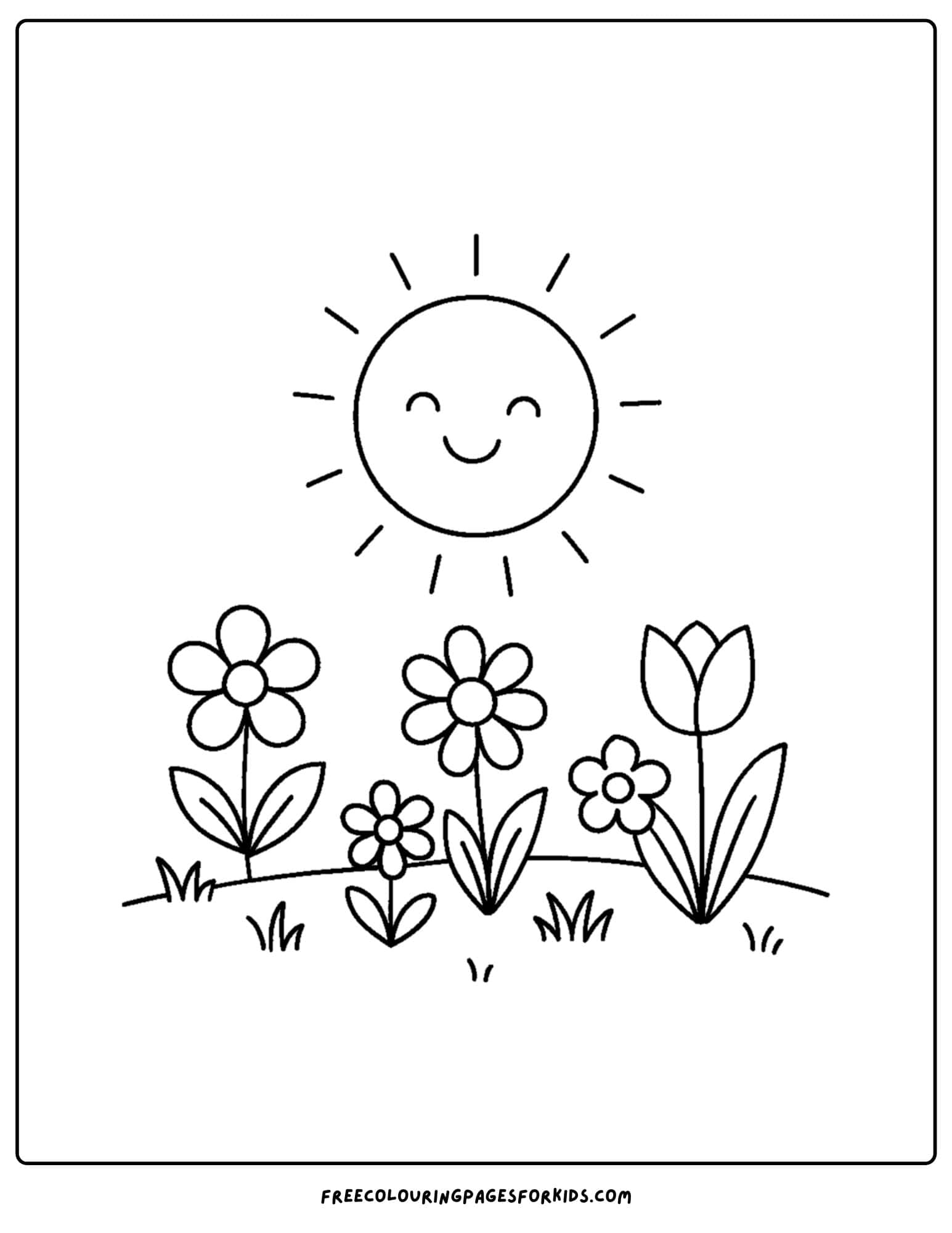 a spring themed coloring page featuring a smiling sun above some flowers