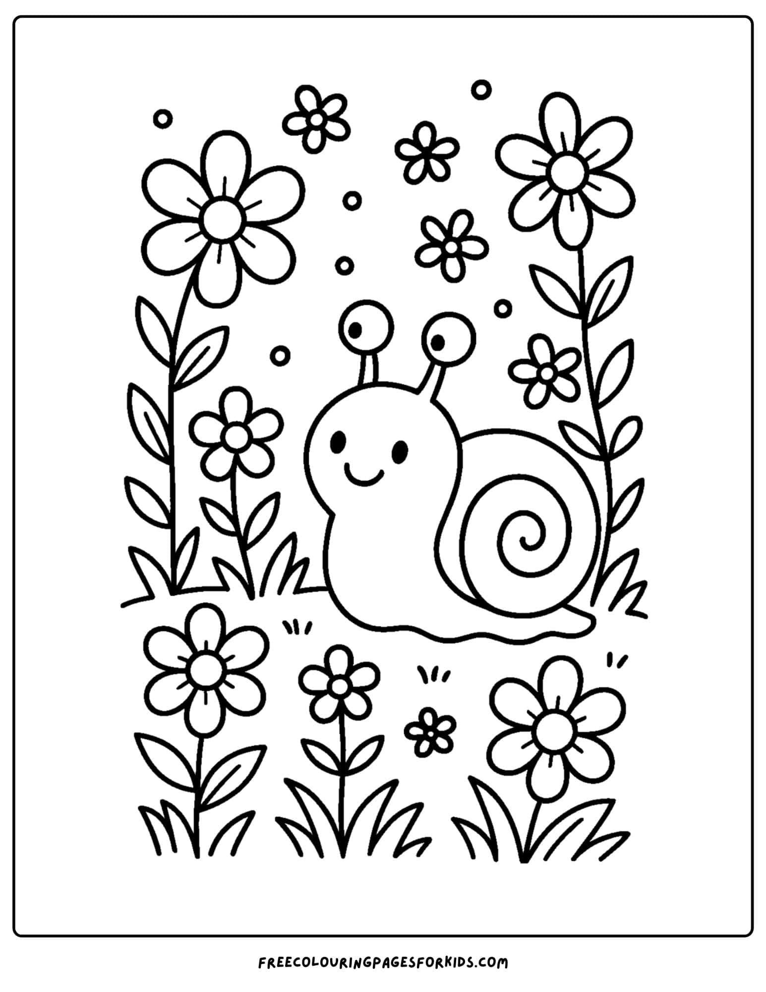 a spring themed coloring page featuring a snail amongst some flowers