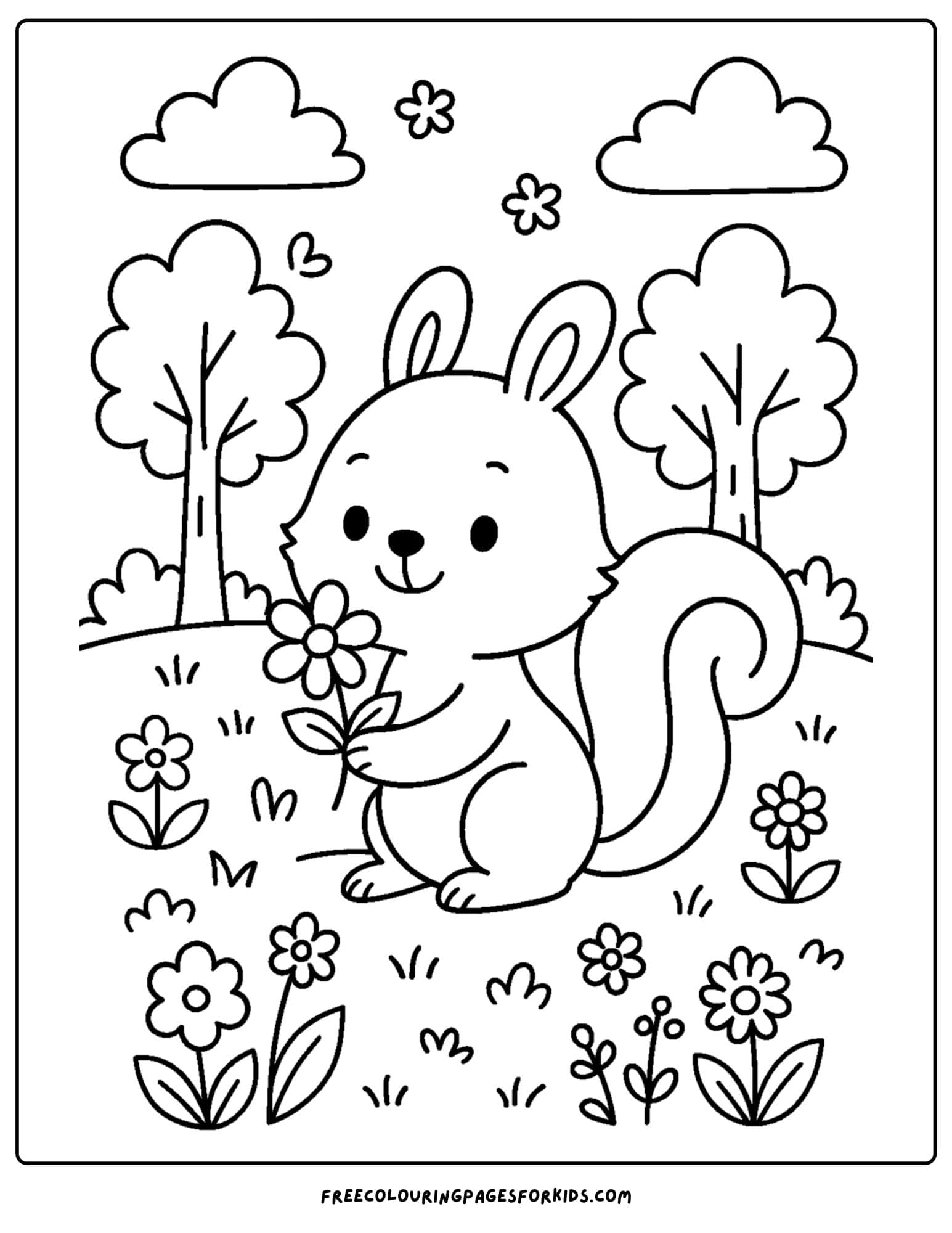 a spring themed coloring page featuring a squirrel holding a flower in a forrest setting