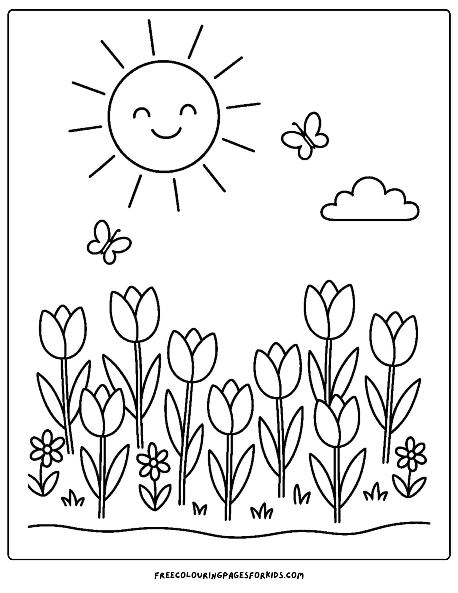 a spring themed coloring page featuring a tulip field under a smiling sun