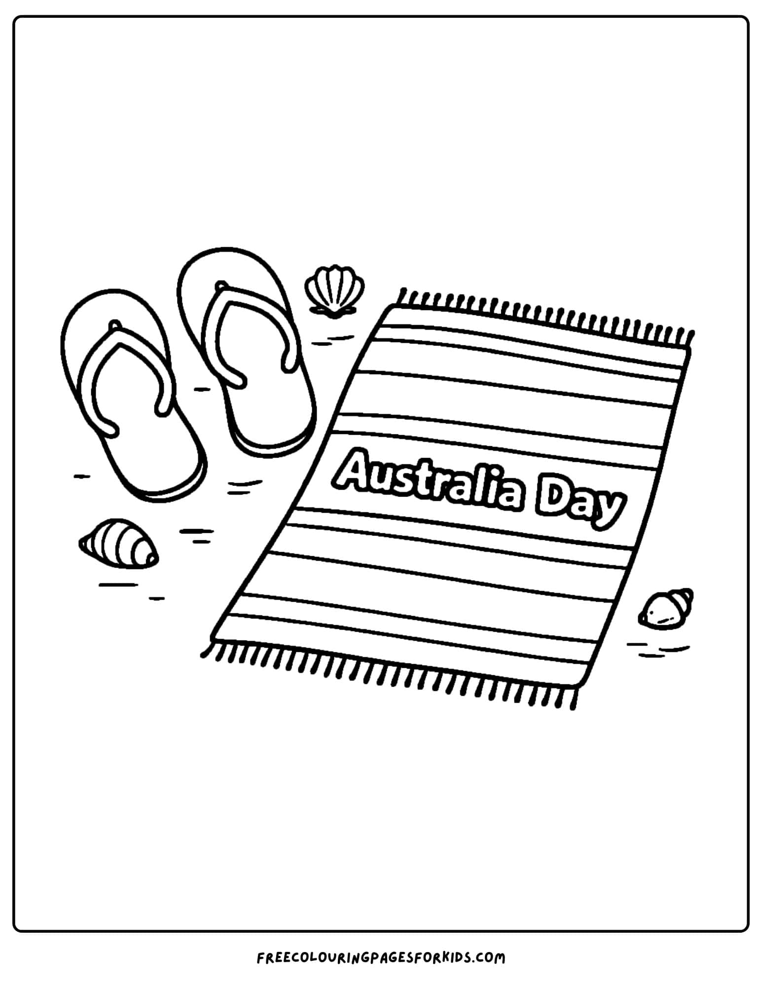 an australia day coloring page of a beach towl and thongs on the sand