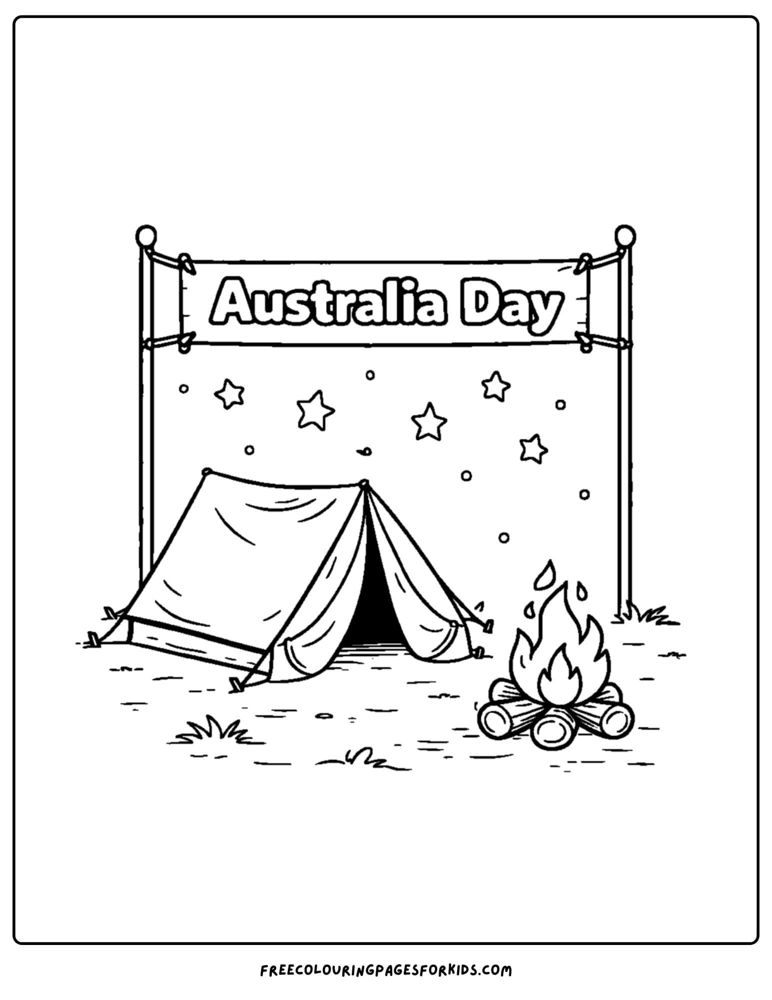 an australia day coloring page of a tent and a campfire