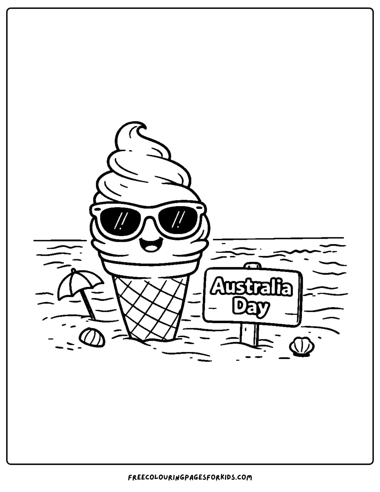 an australia day coloring page of an ice cream stuck in the sand at a beach