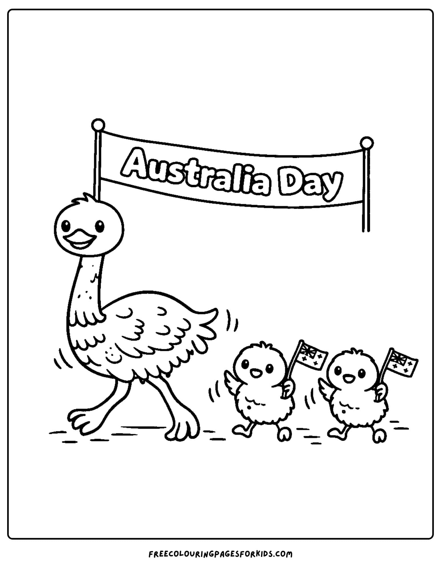 an australia day coloring page of an emu parade