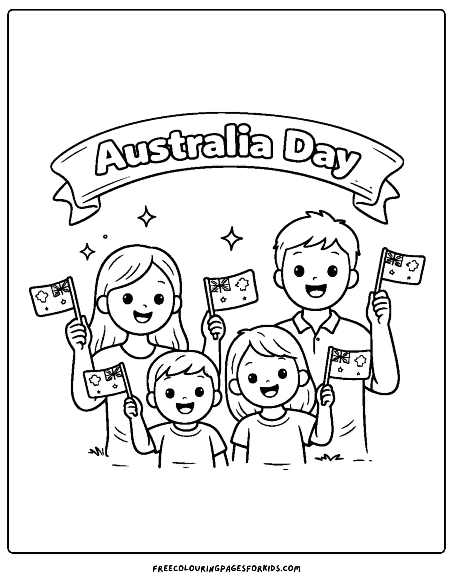an australia day coloring page of a family celebrating australia day