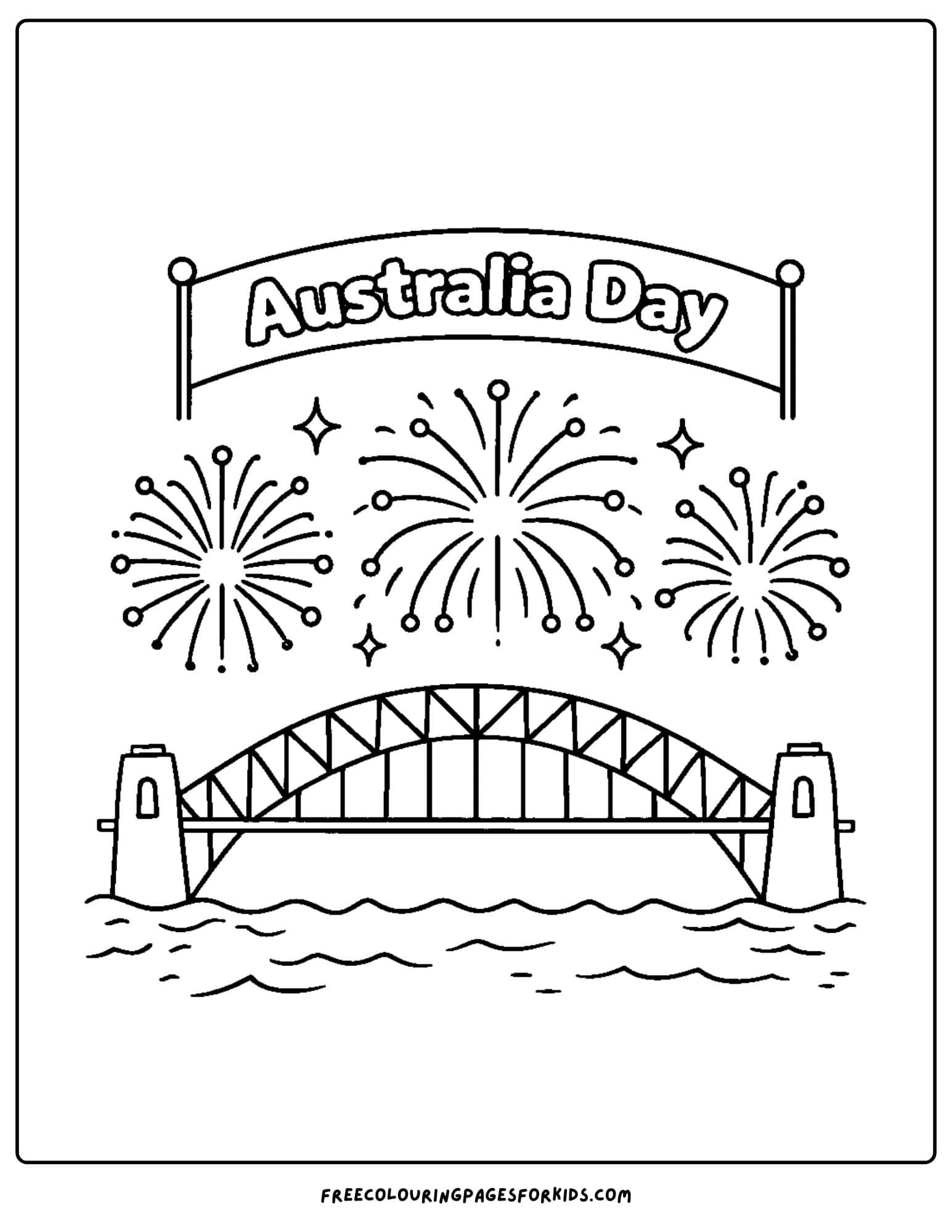 an australia day coloring page of the sydney harbour bridge with fireworks
