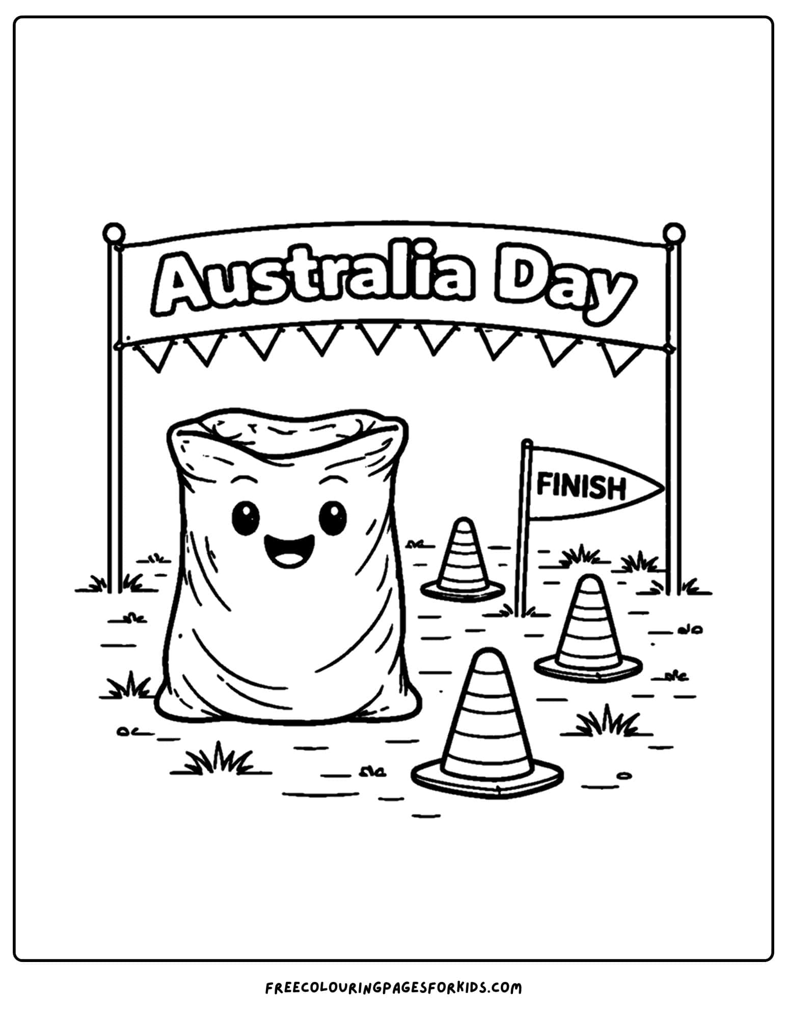 an australia day coloring page of a sack race