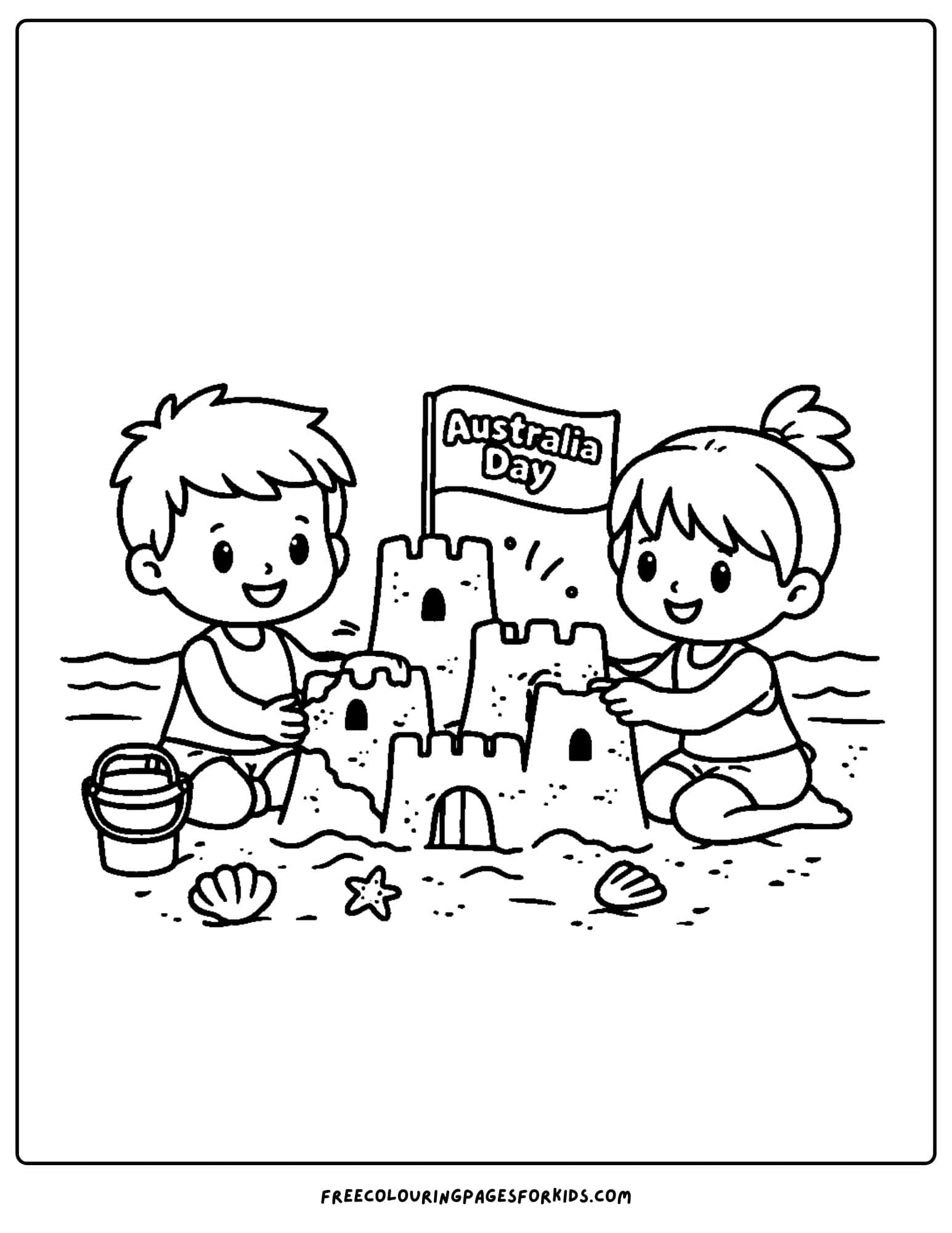 an australia day coloring page of kids building a sandcastle
