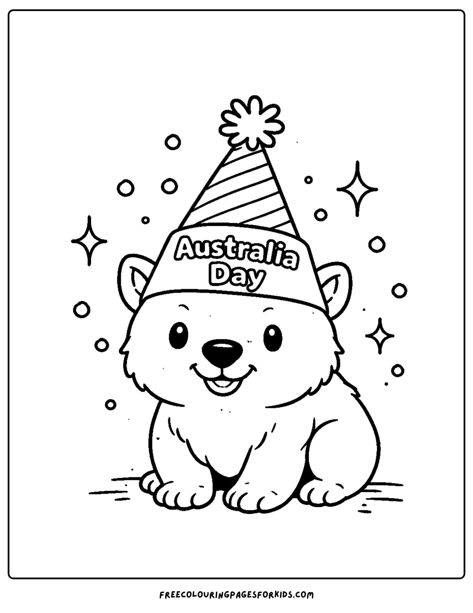 an australia day coloring page of a wombat wearing a party hat