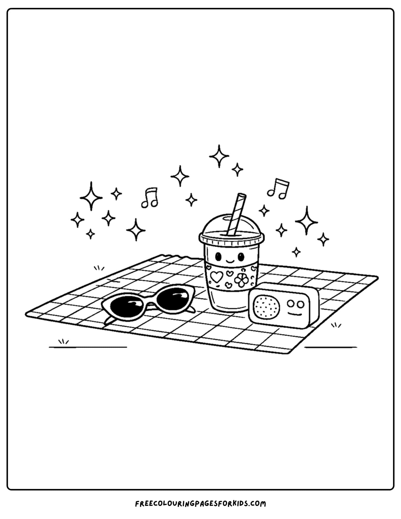 a baddie themed coloring page of a picnic setup with a drink and sunglasses