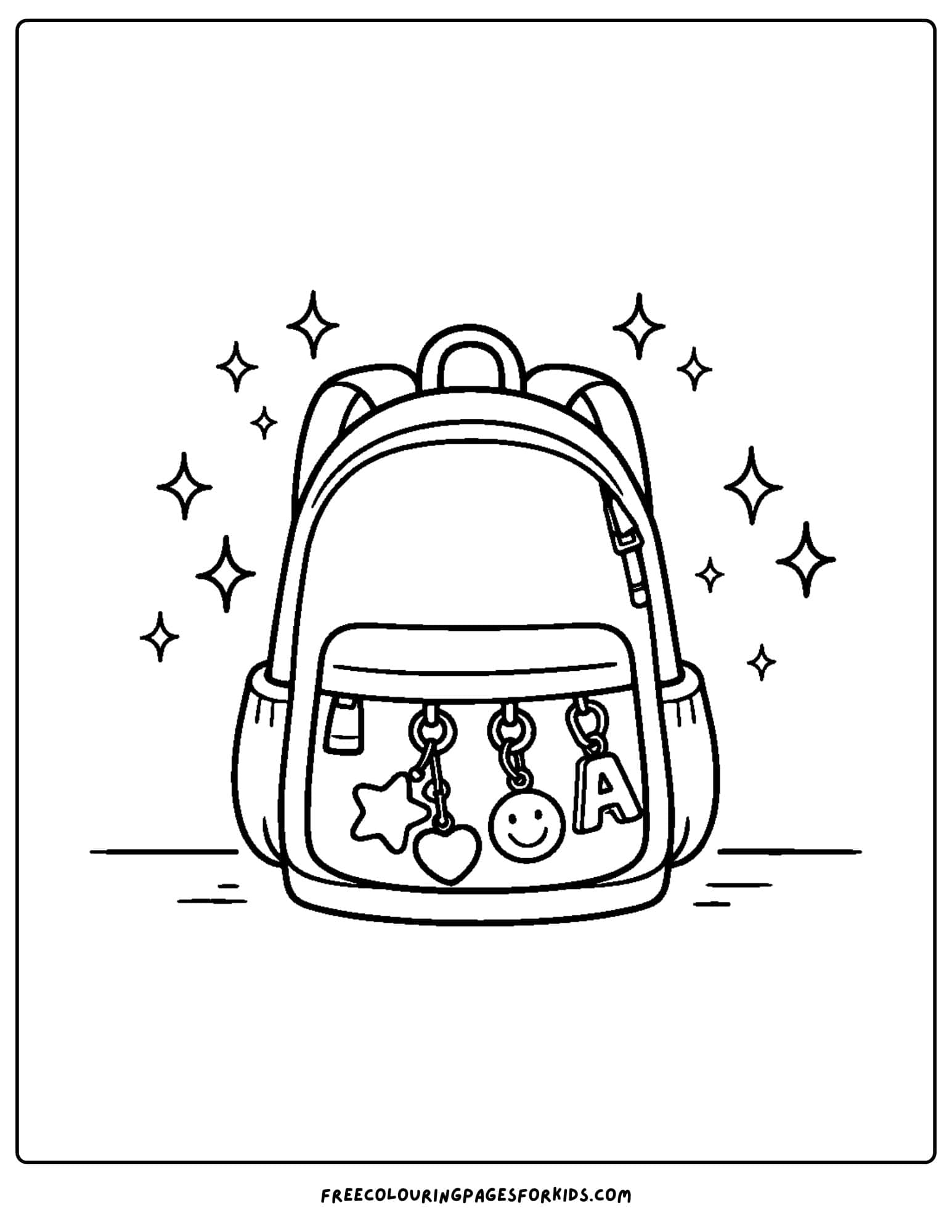a baddie themed coloring page of a backpack with charms hanging on it