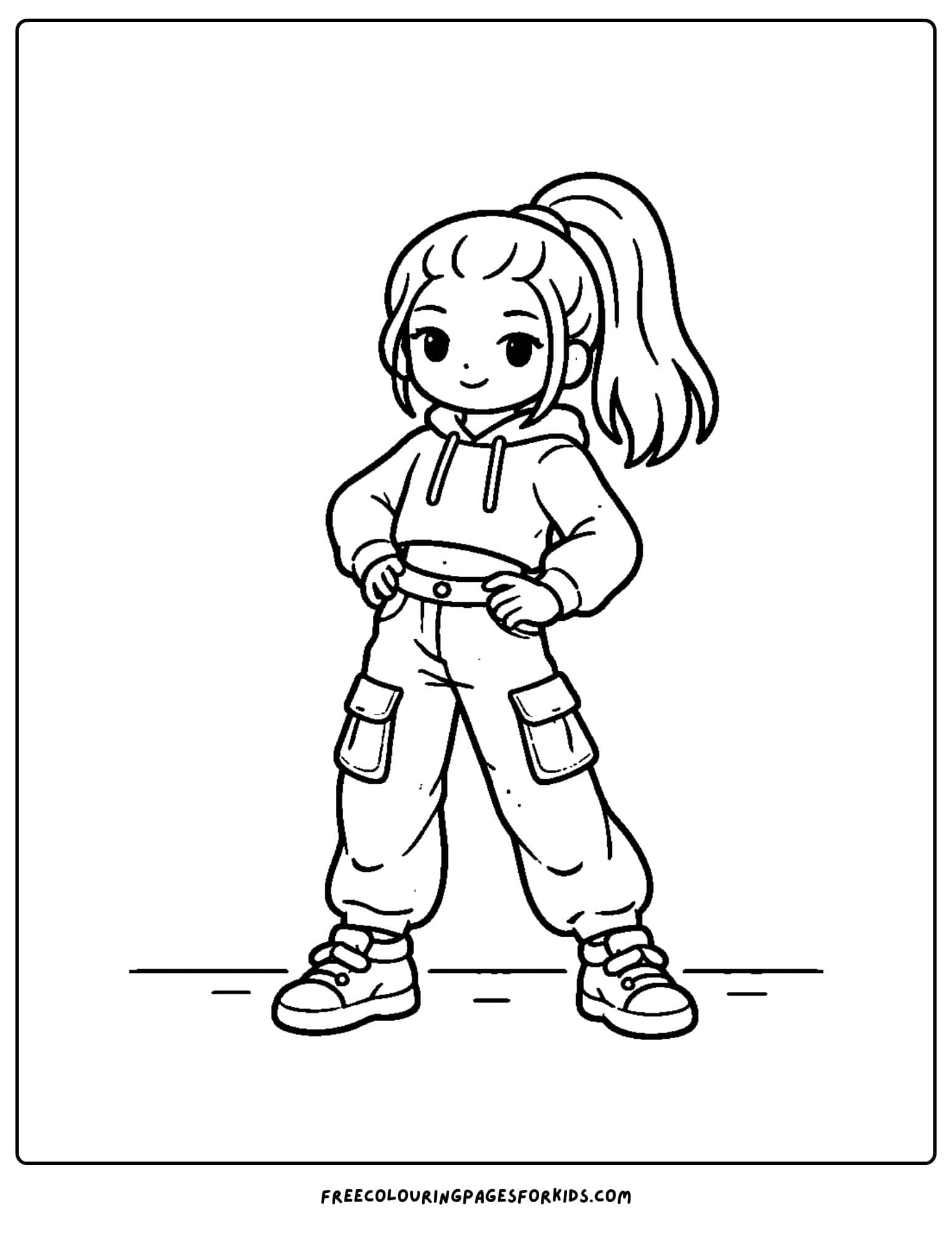 a baddie themed coloring page of a girl posing in cargo pants