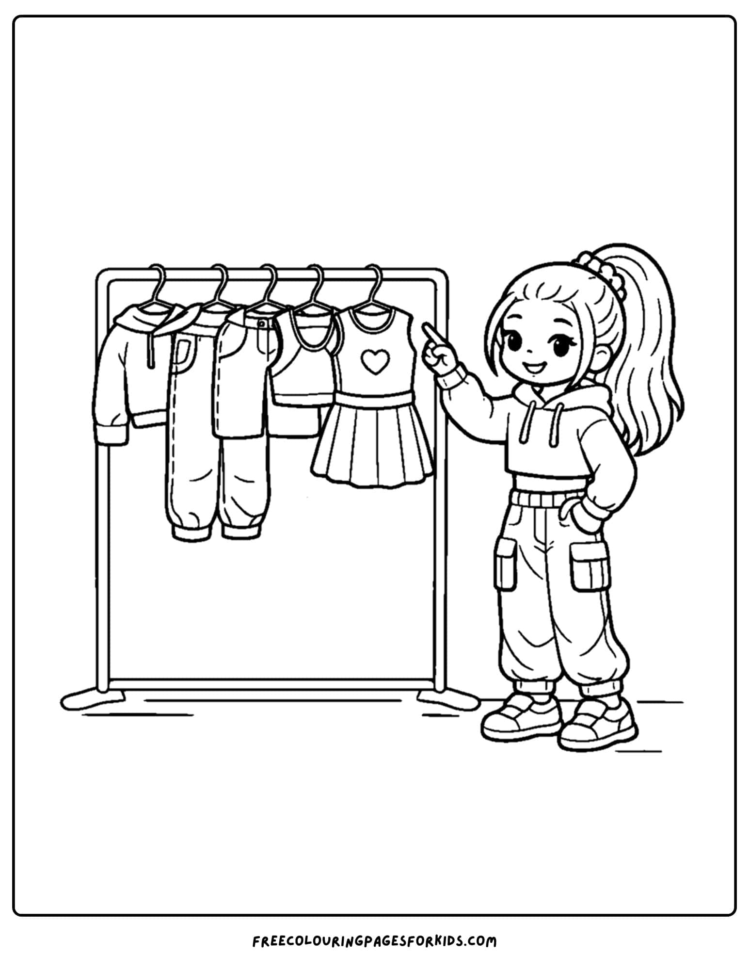 a baddie themed coloring page of a girl picking out outfits