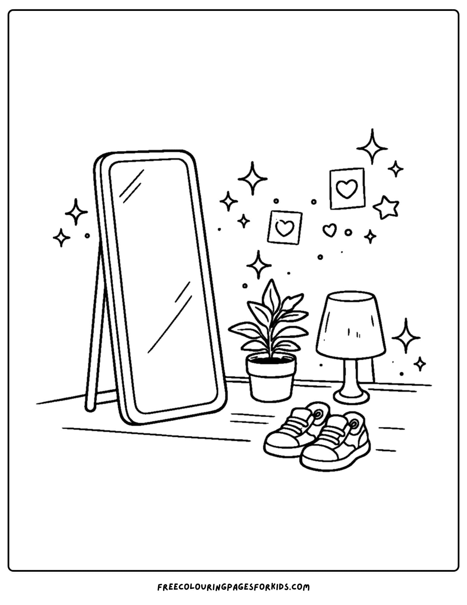 a baddie themed coloring page of a cozy bedroom scene of mirror, shoes and a plant
