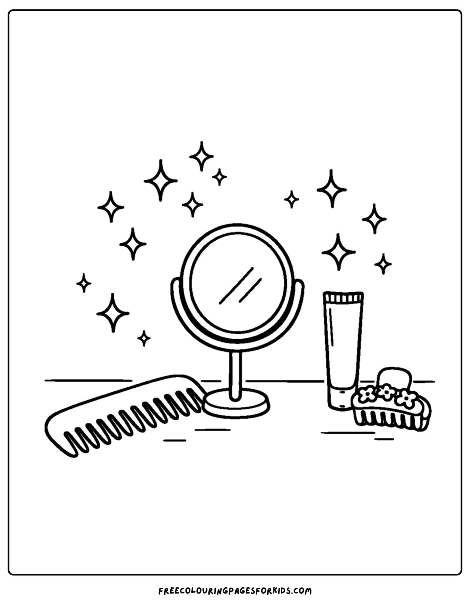 a baddie themed coloring page of a tabletop with a mirror, comb and lip gloss