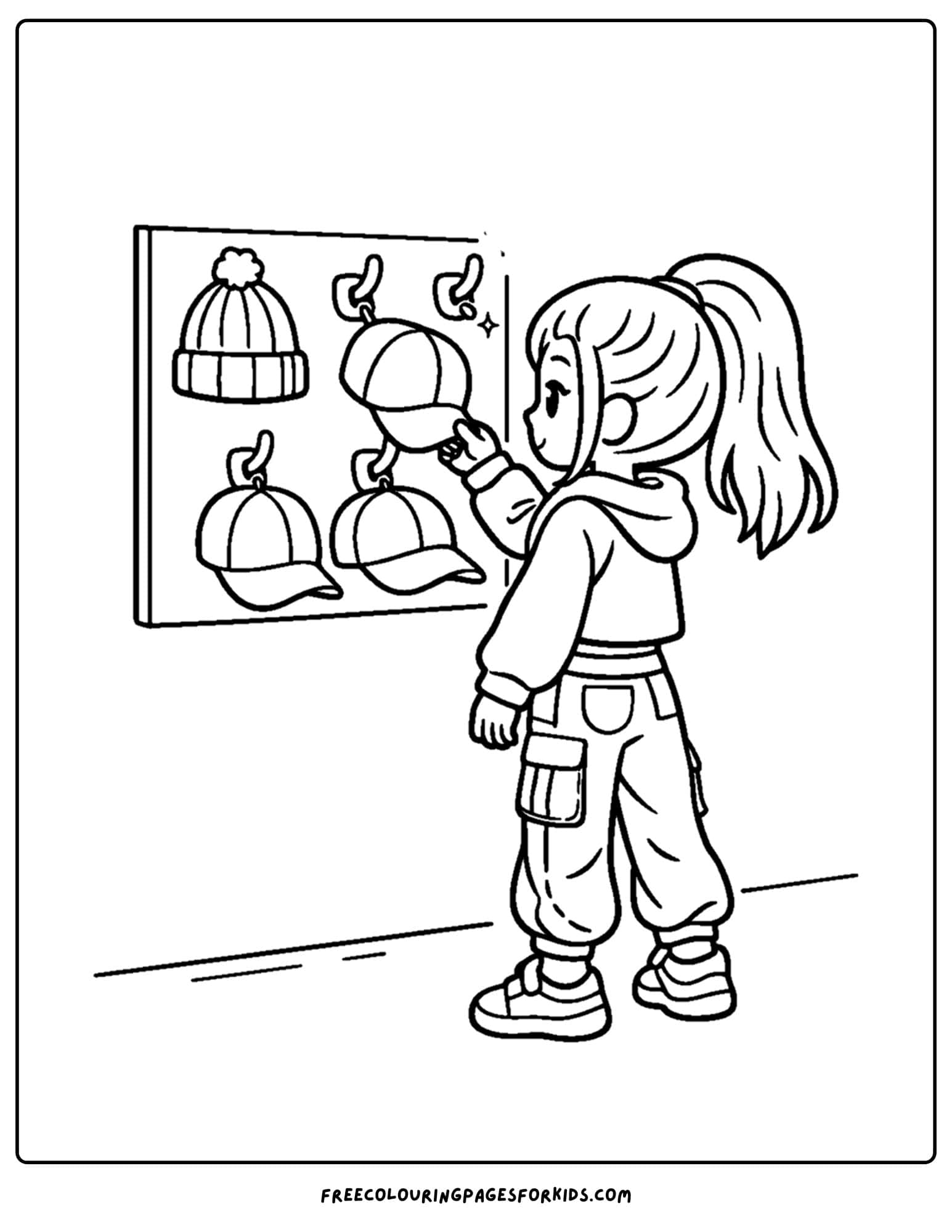 a baddie themed coloring page of a girl picking out a new hat from a selection