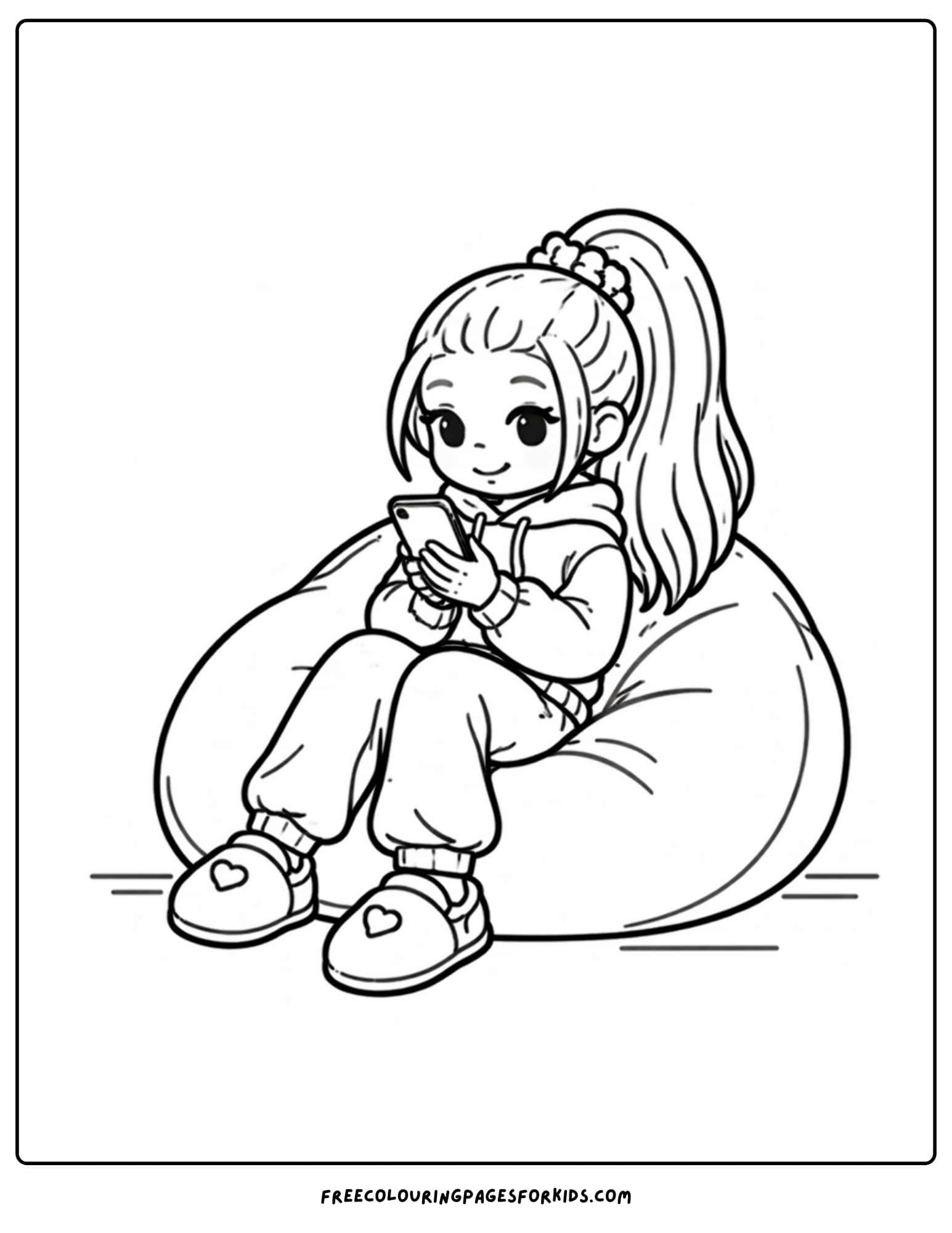 a baddie themed coloring page of a girl in sitting in a bean bag scolling on her phone