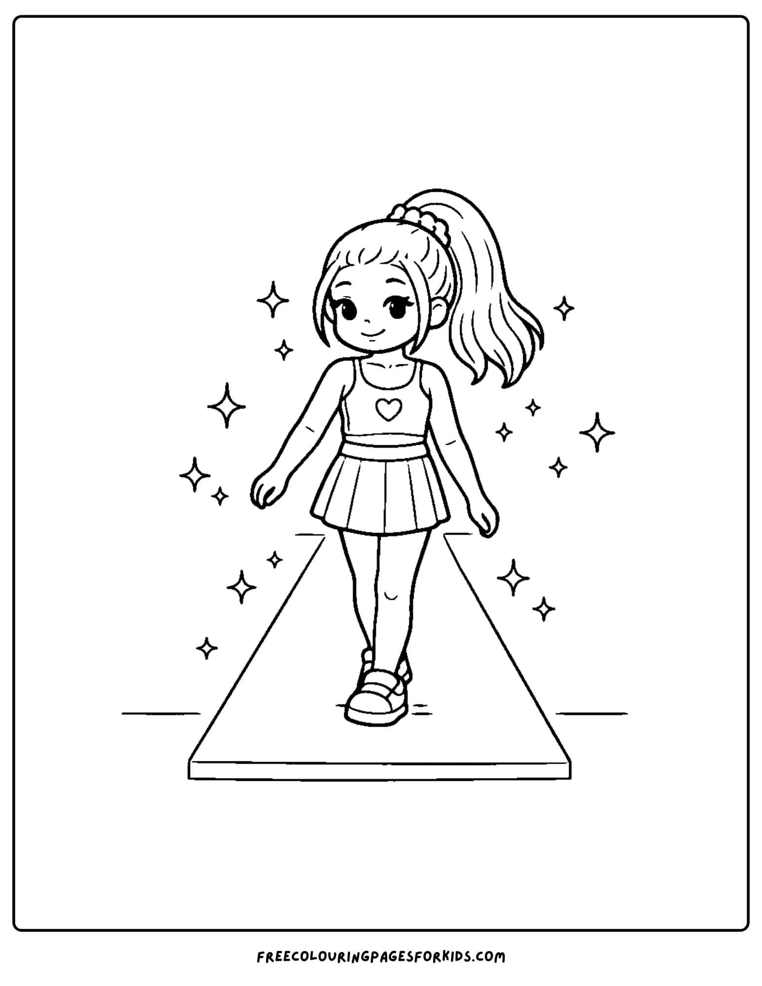 a baddie themed coloring page of a girl doing a runway walk