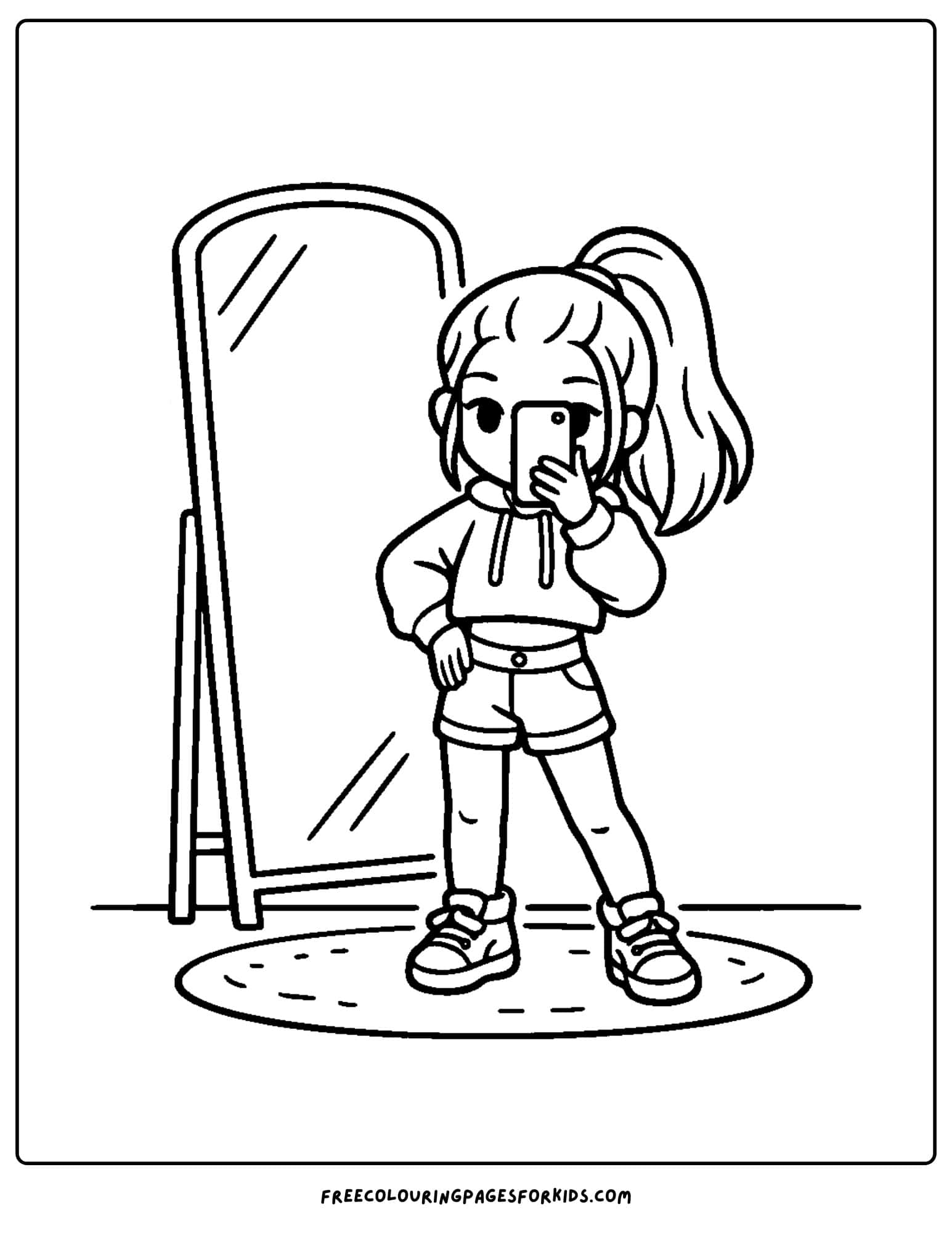 a baddie themed coloring page of a girl posing in front of a mirror