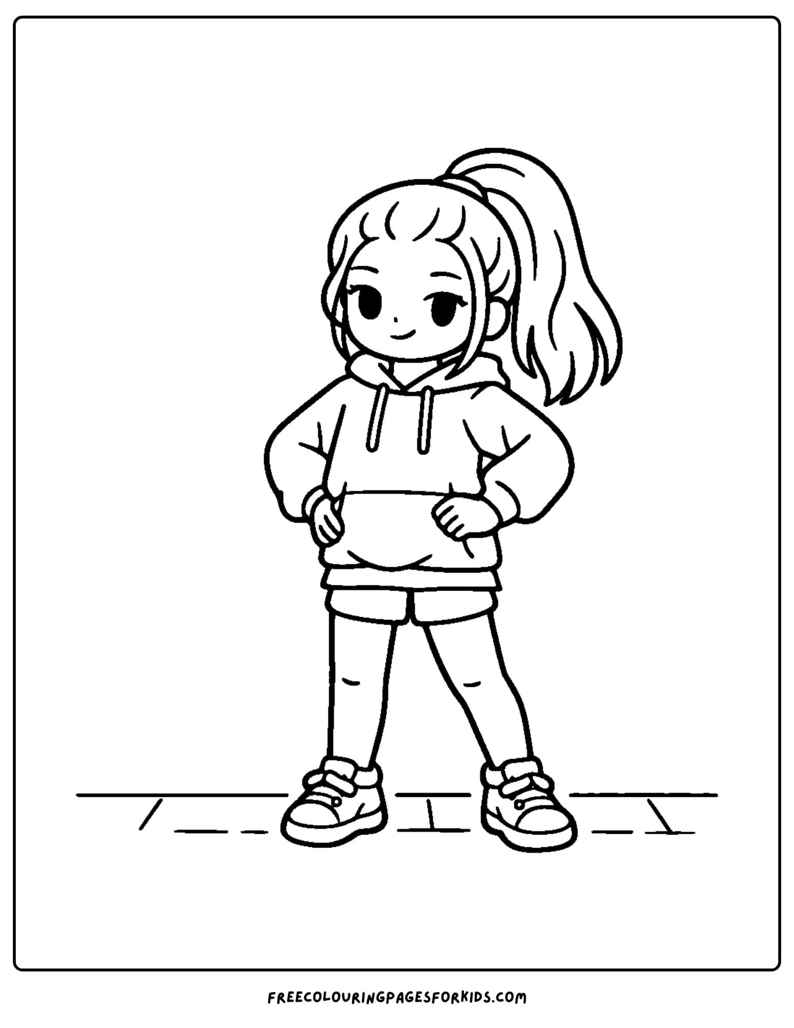 a baddie themed coloring page of a girl posing wearing an oversized hoodie