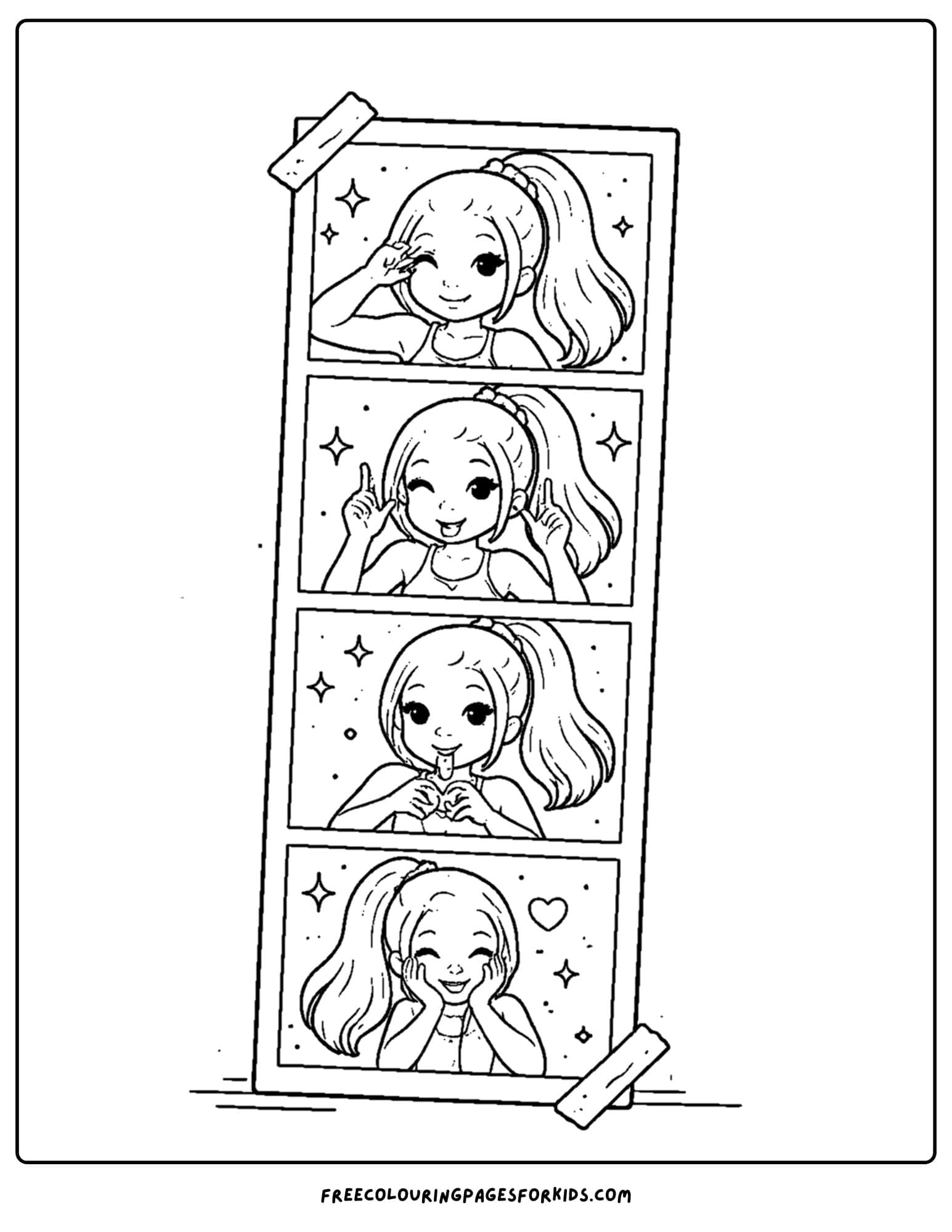 a baddie themed coloring page of a photo booth photo card with various poses