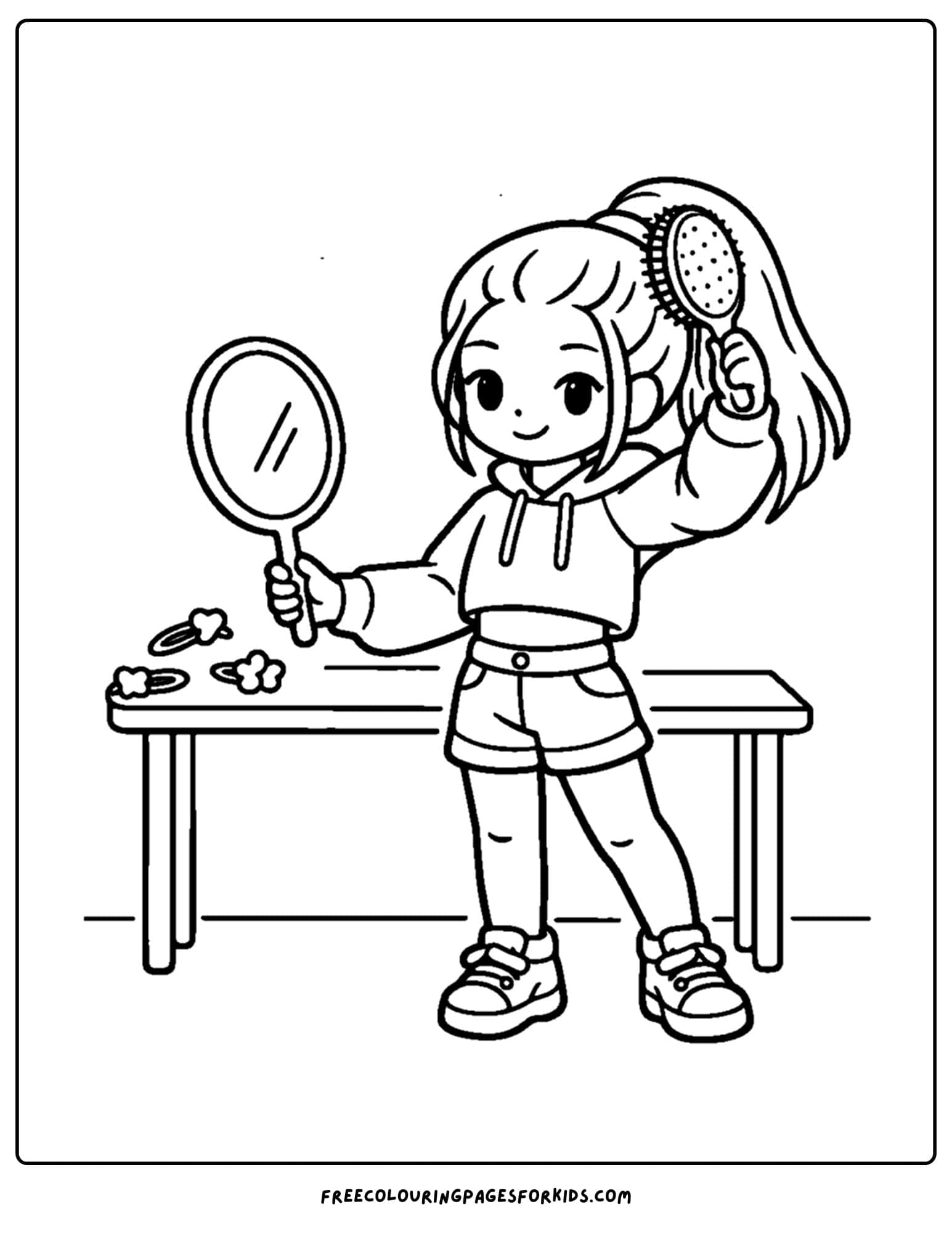 a baddie themed coloring page of a girl fixing her ponytail in the mirror