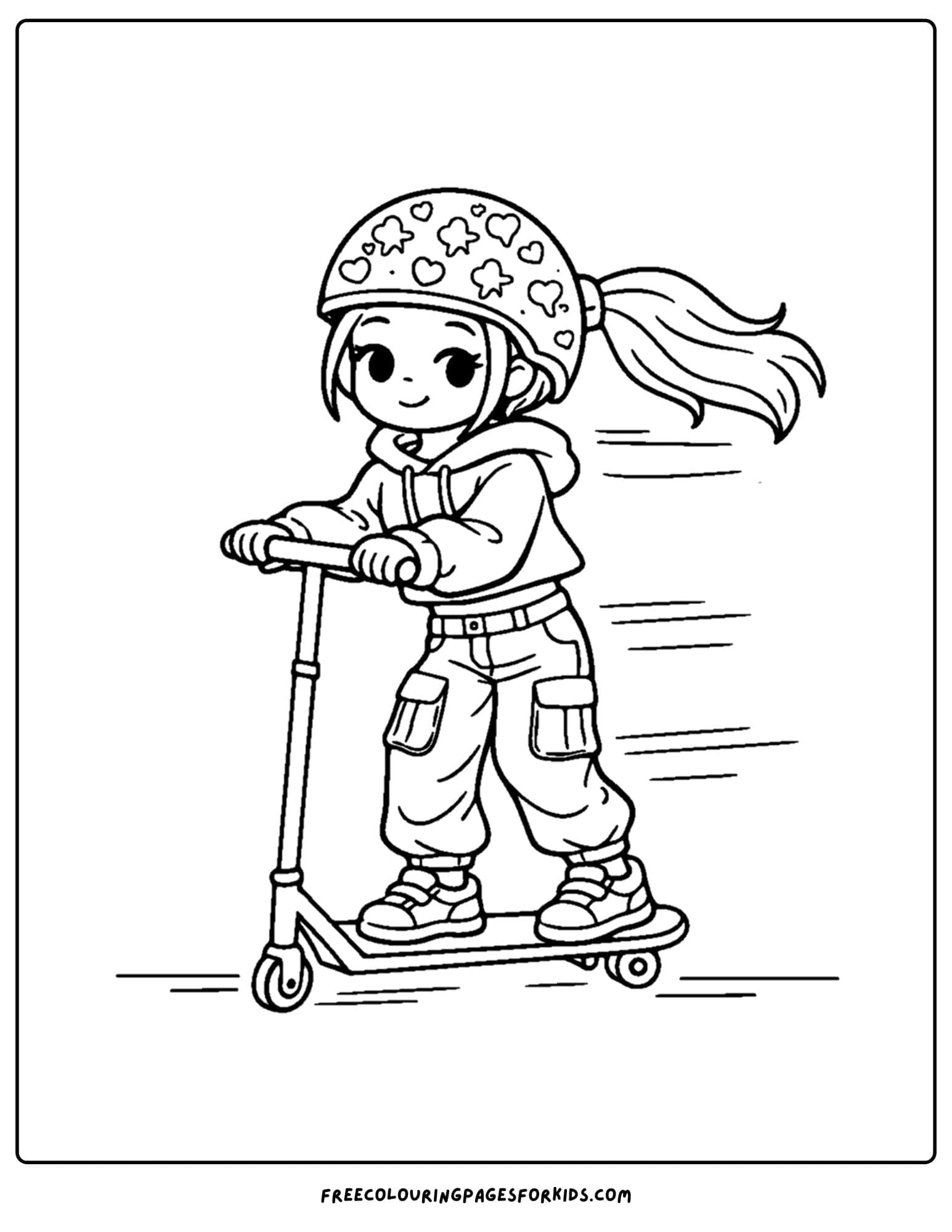 a baddie themed coloring page of a girl riding a scooter