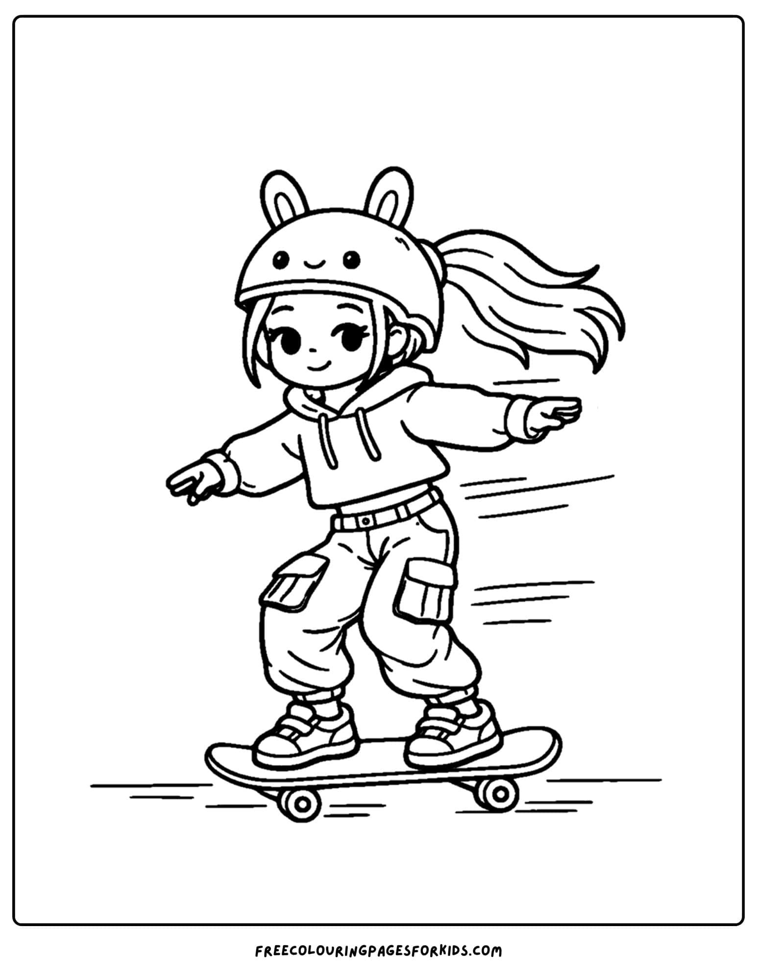 a baddie themed coloring page of a girl skateboarding with a cool helmet on