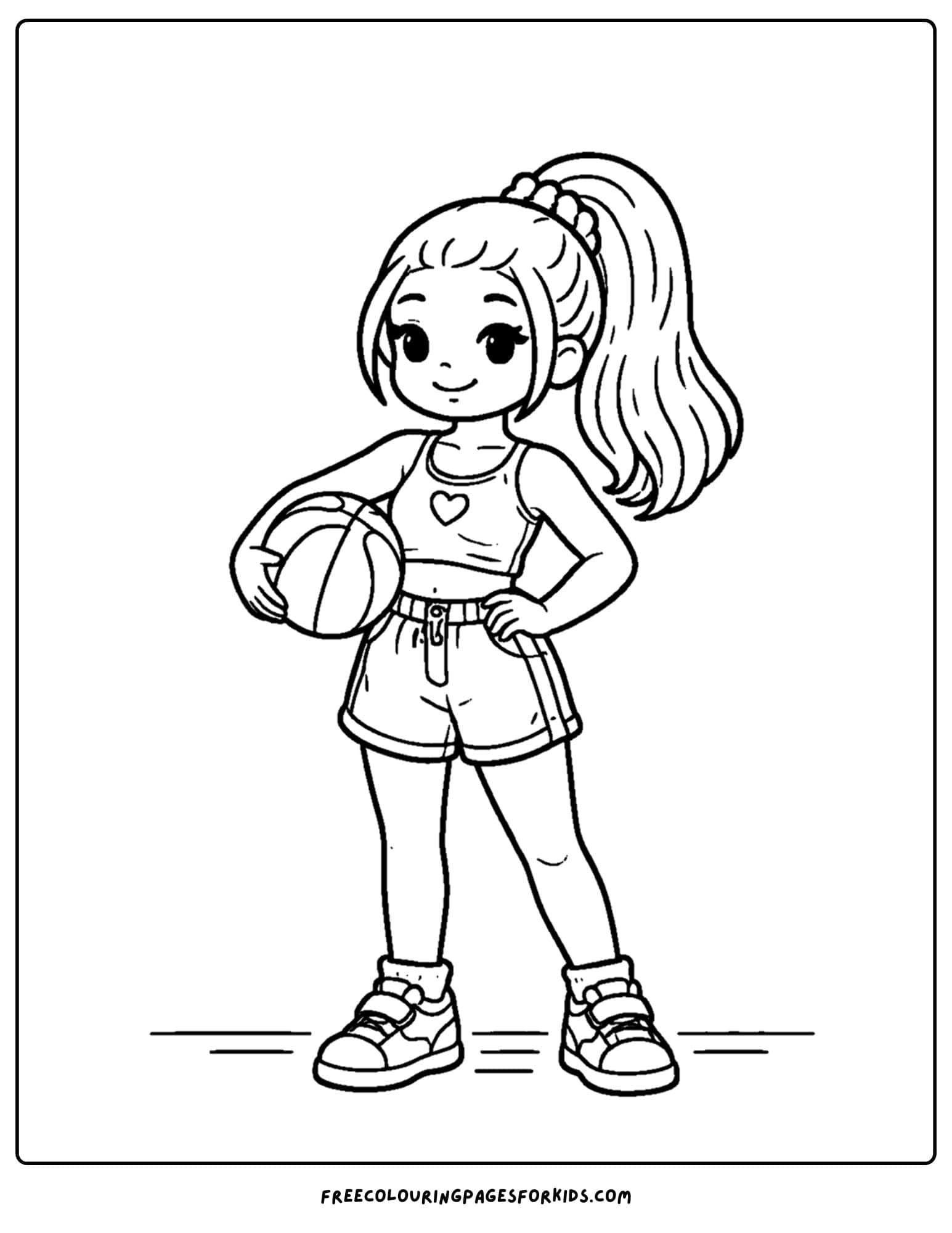 a baddie themed coloring page of a sporty girl holding a ball under her arm