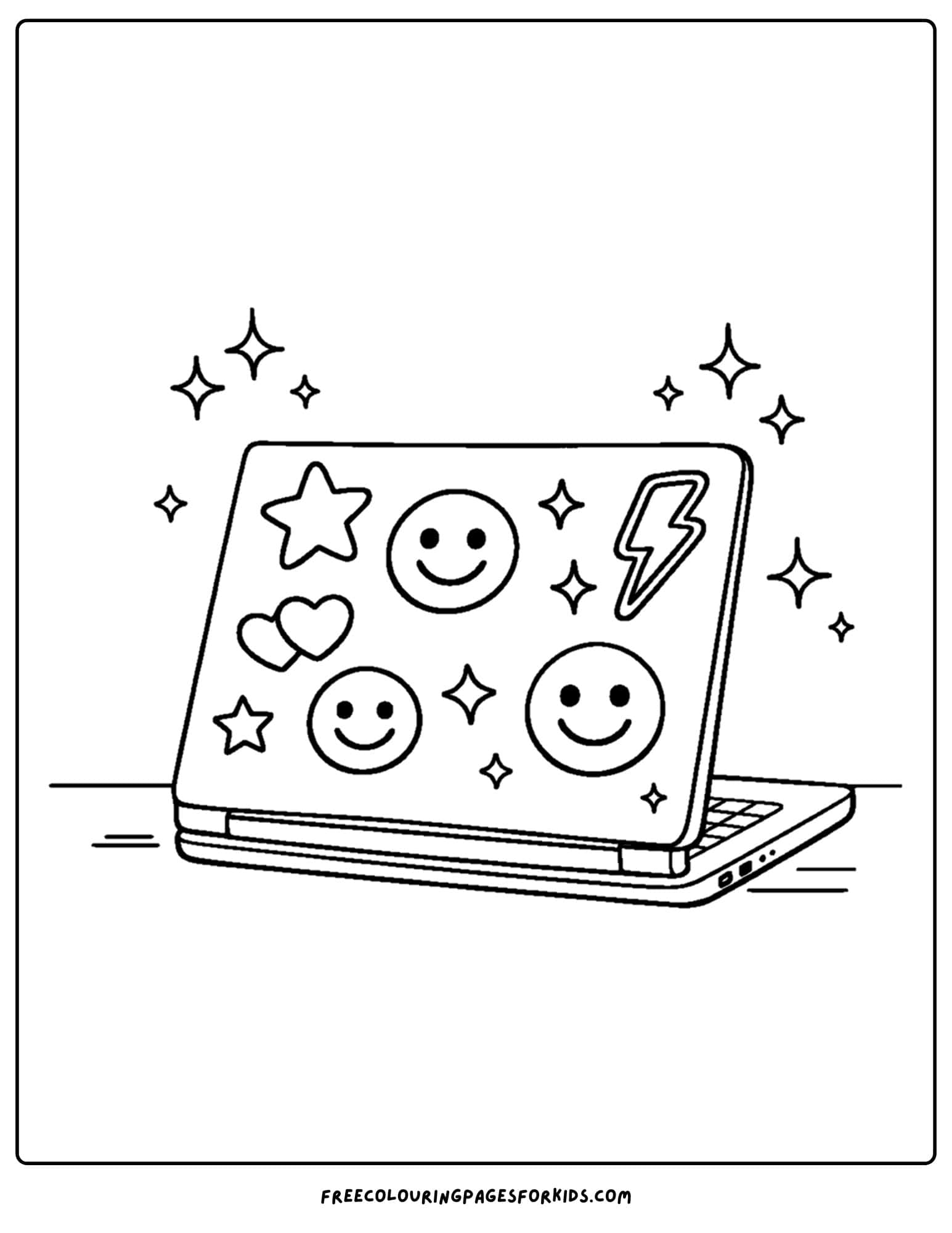 a baddie themed coloring page of a laptop with stickers on it