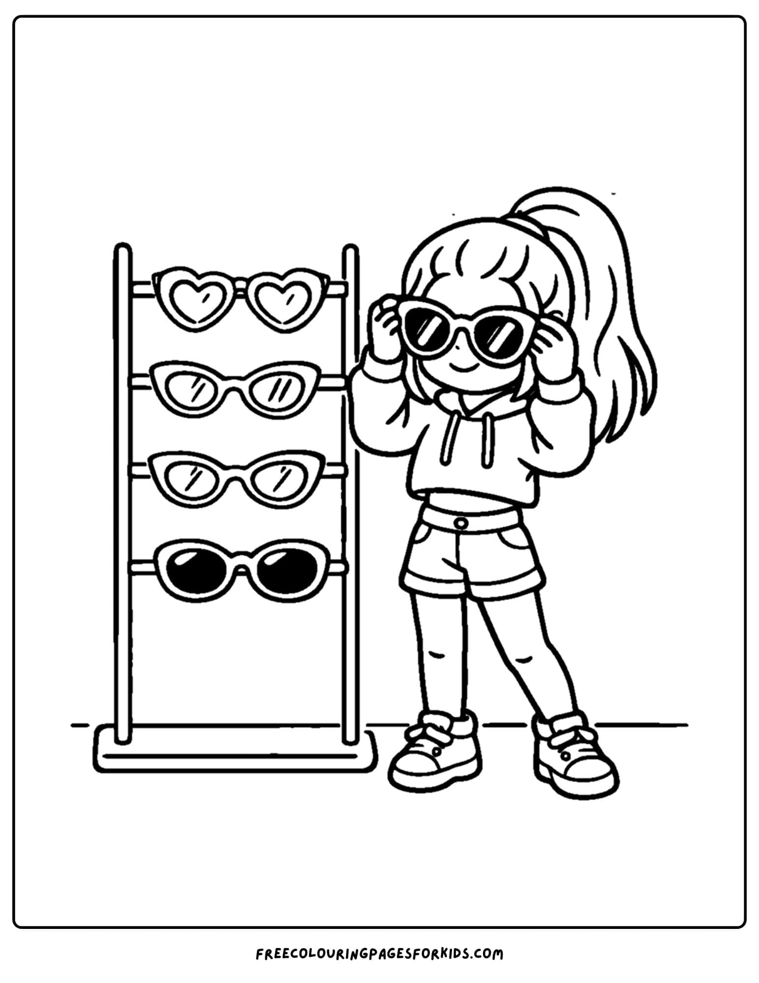 a baddie themed coloring page of a girl trying on sunglasses from a rack