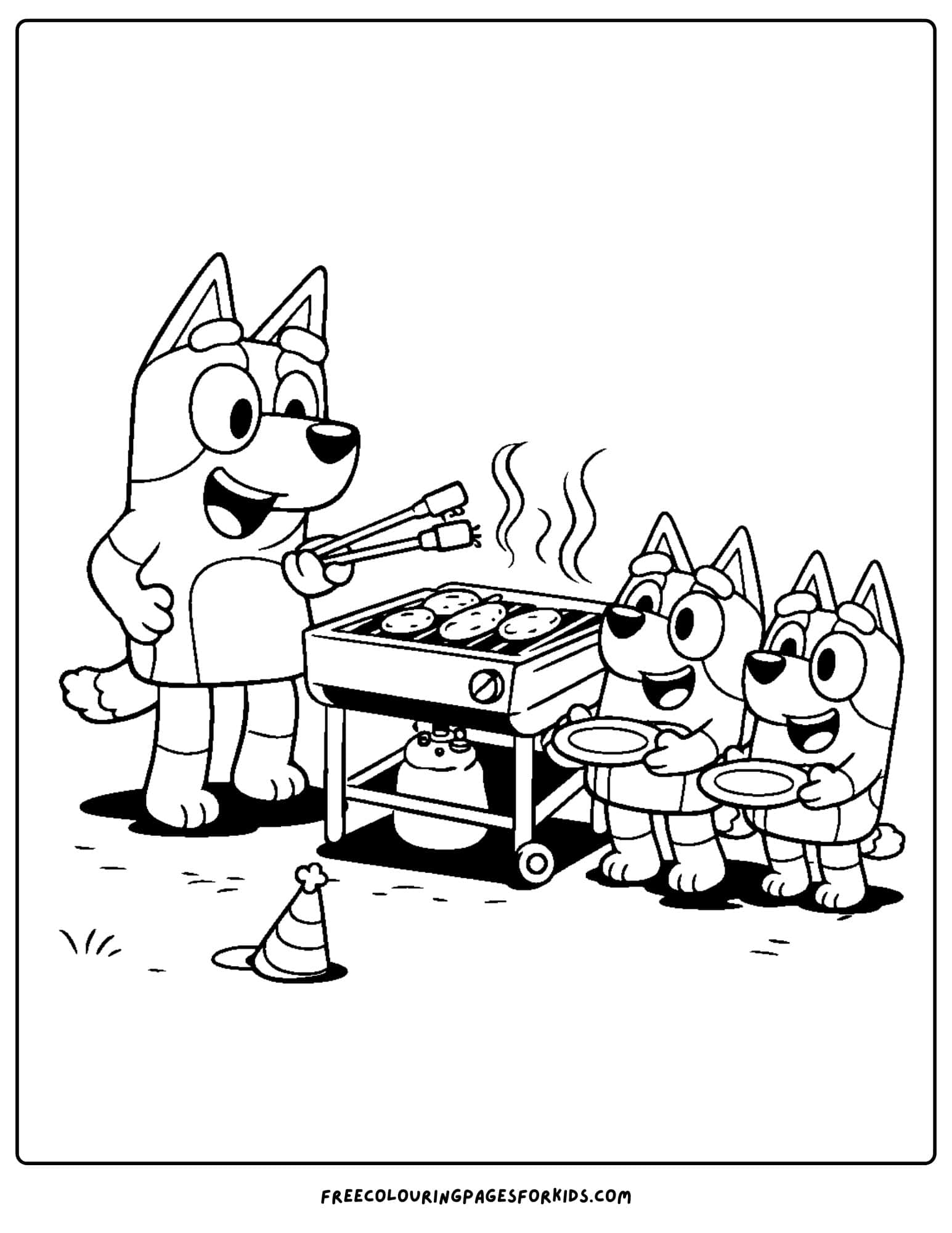 a coloring page of bluey and bingo waiting for bandit to cook sausages on the bbq