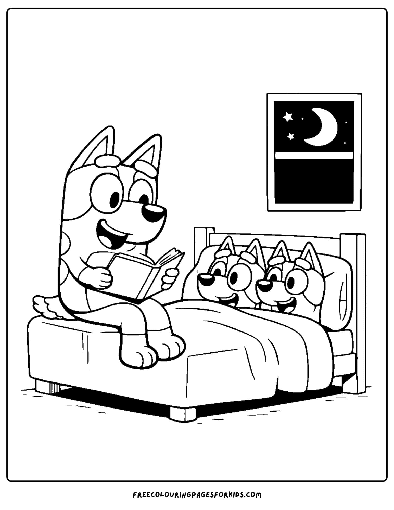 a coloring page of bluey and being in bed listening to a bedtime story