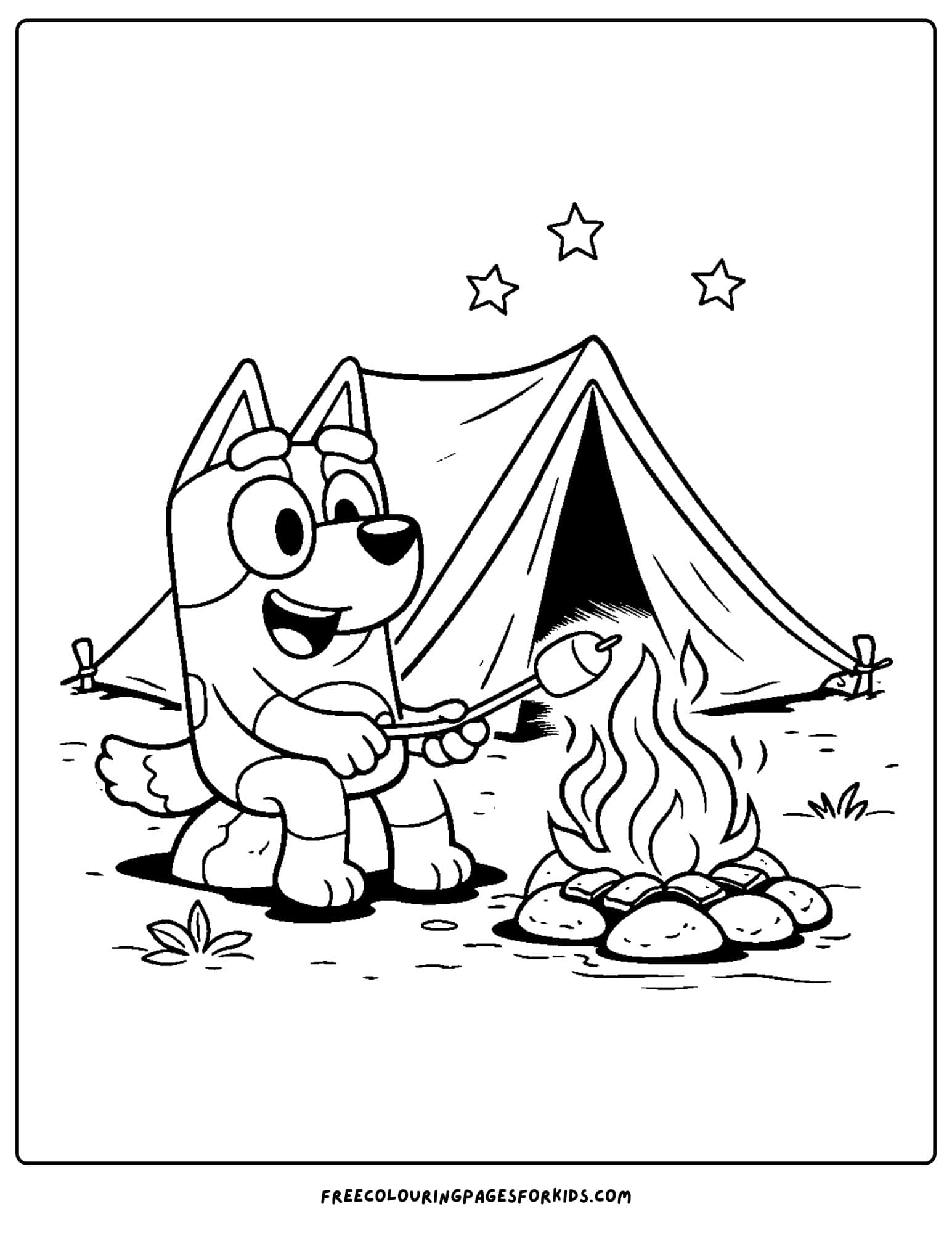 a coloring page of bluey roasting marshmallows on a camp fire
