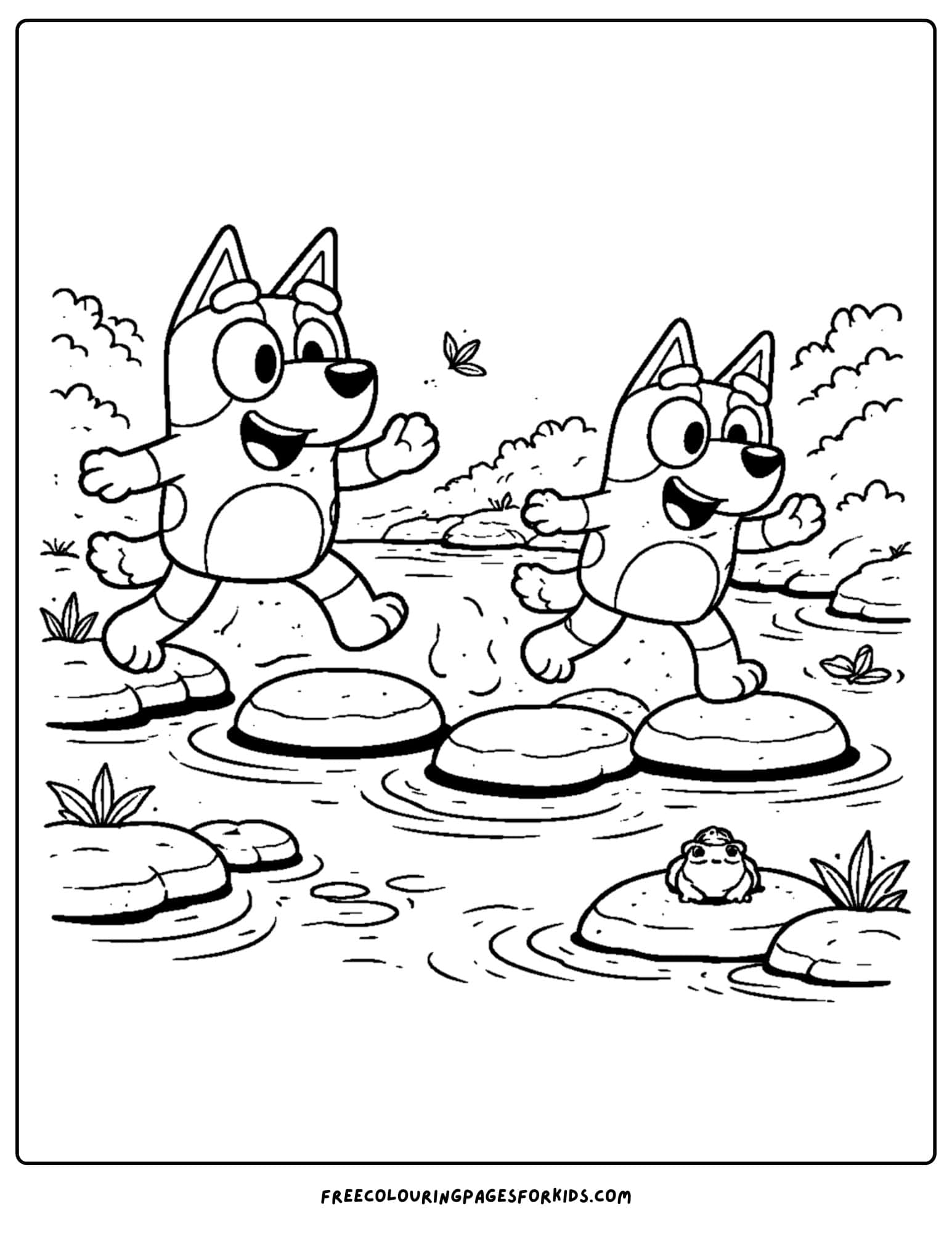 a coloring page of bluey and bingo at the creek