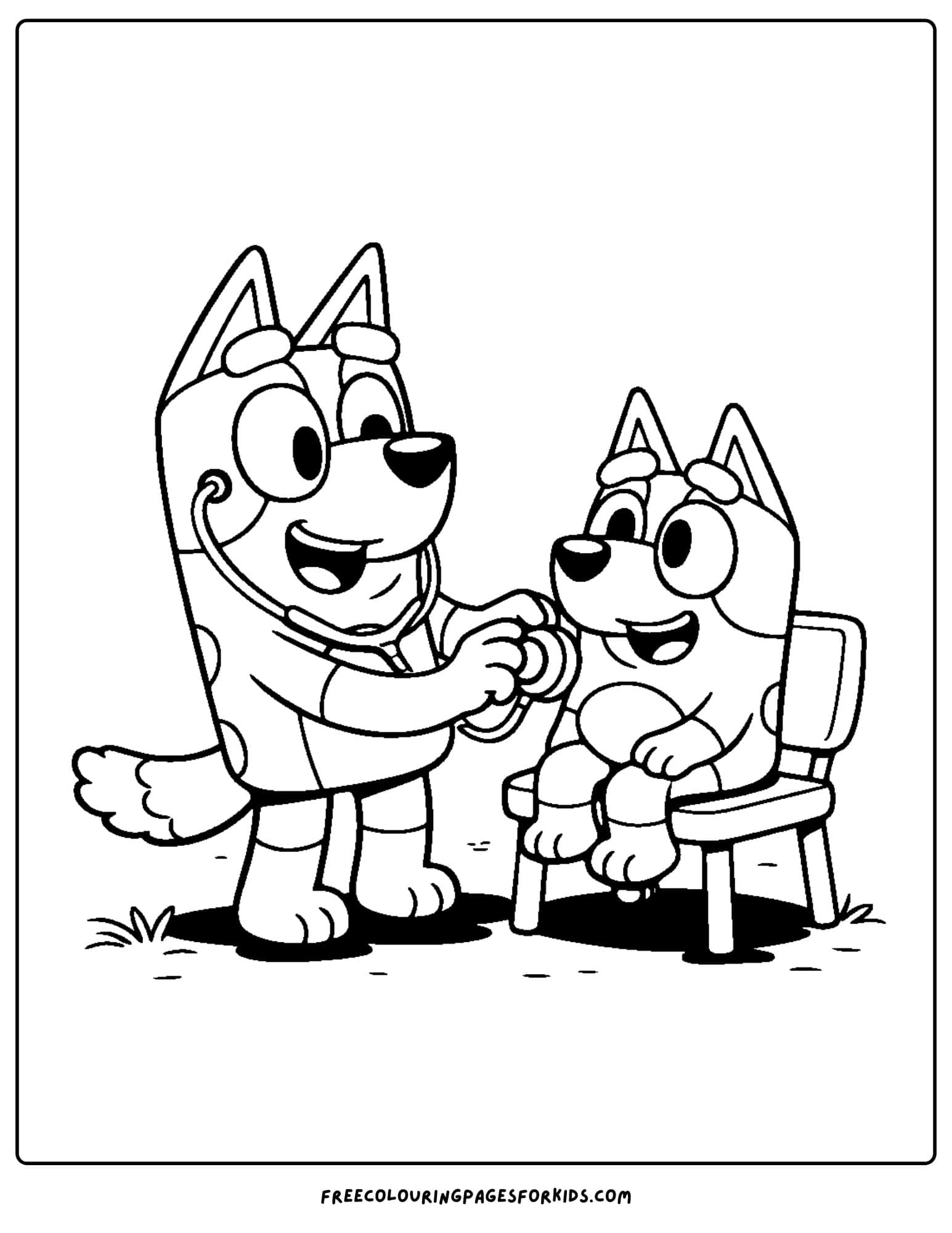 a coloring page of bluey getting a doctor checkup