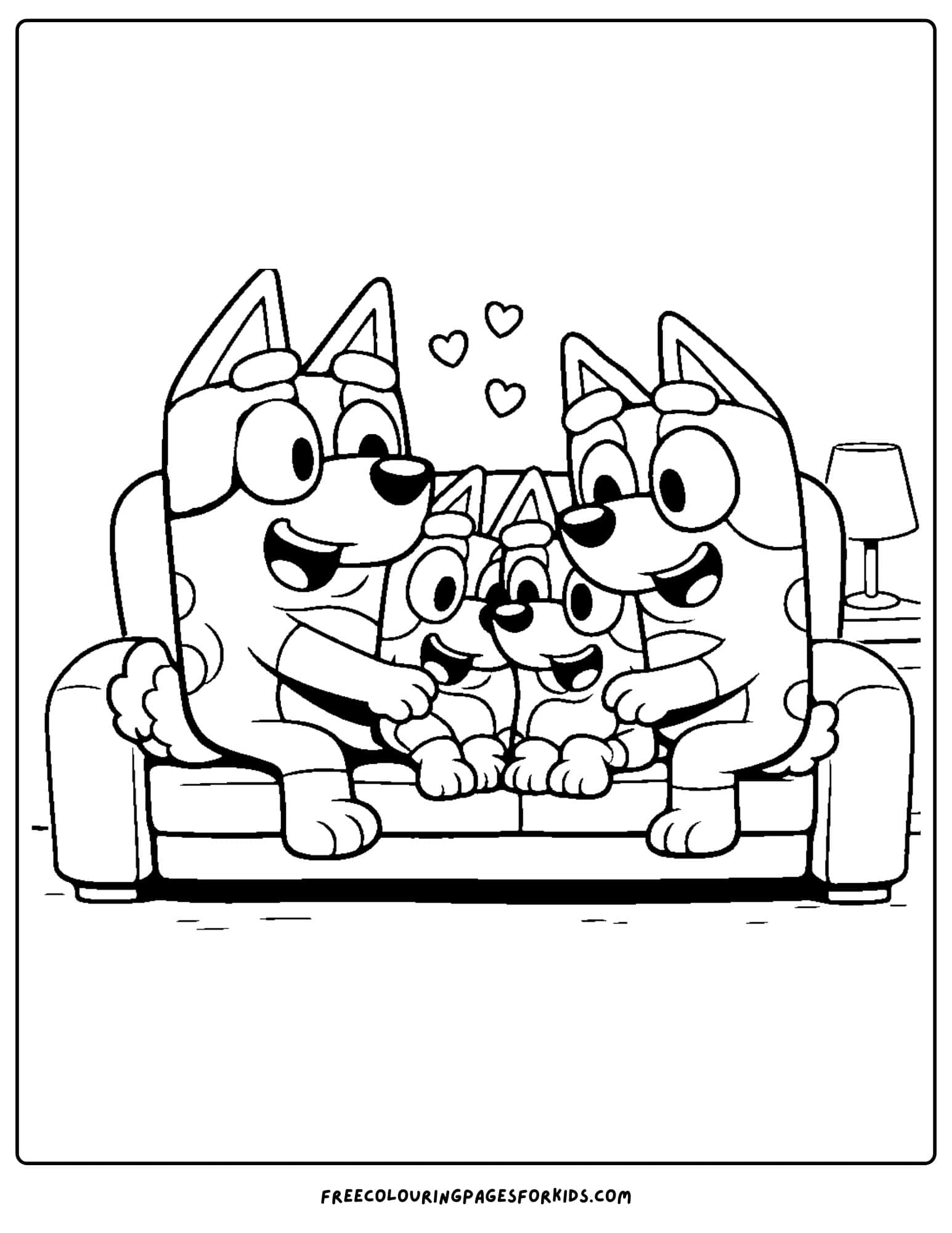 a coloring page of bluey and her family on the couch