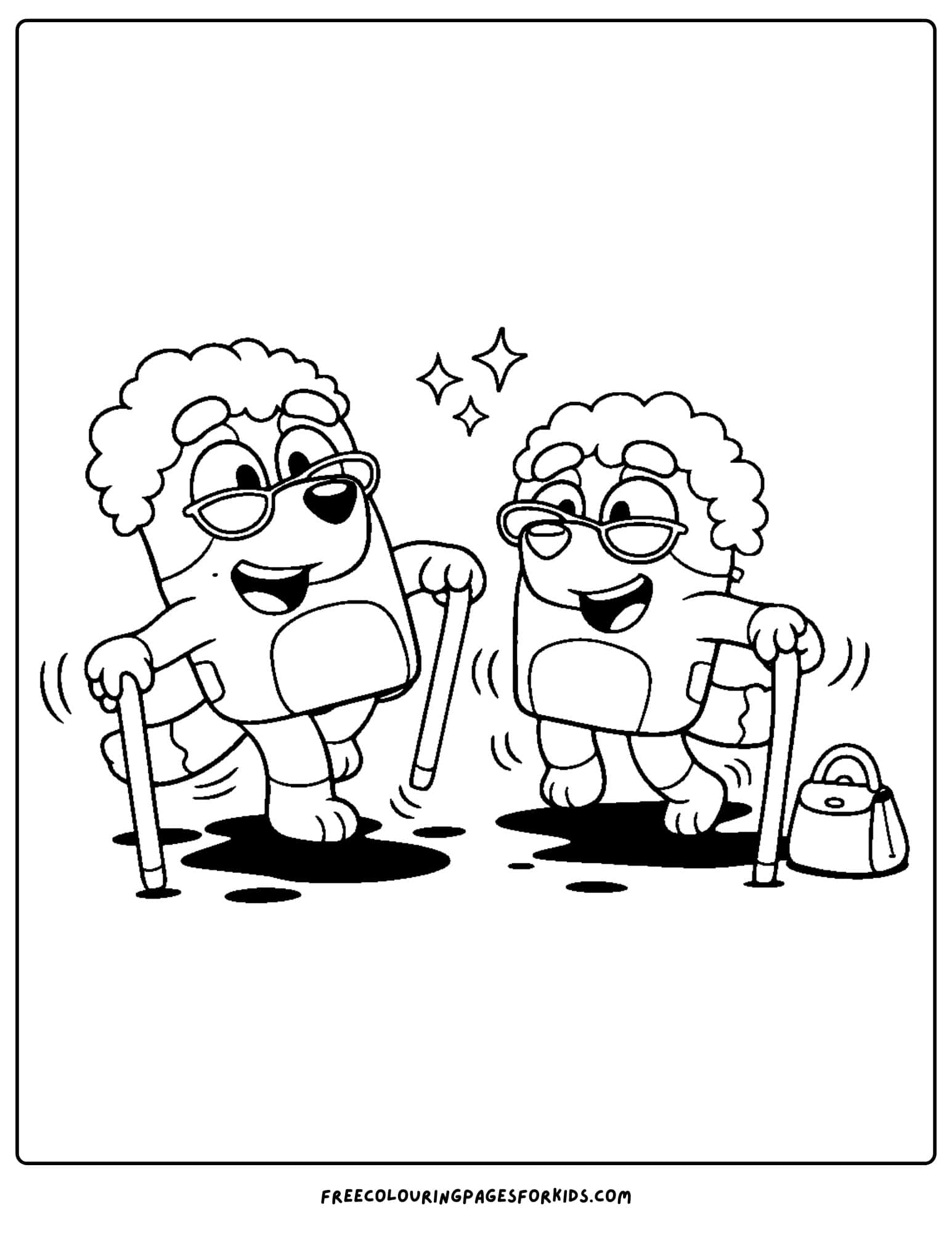 a coloring page of bluey and bingo playing grannies