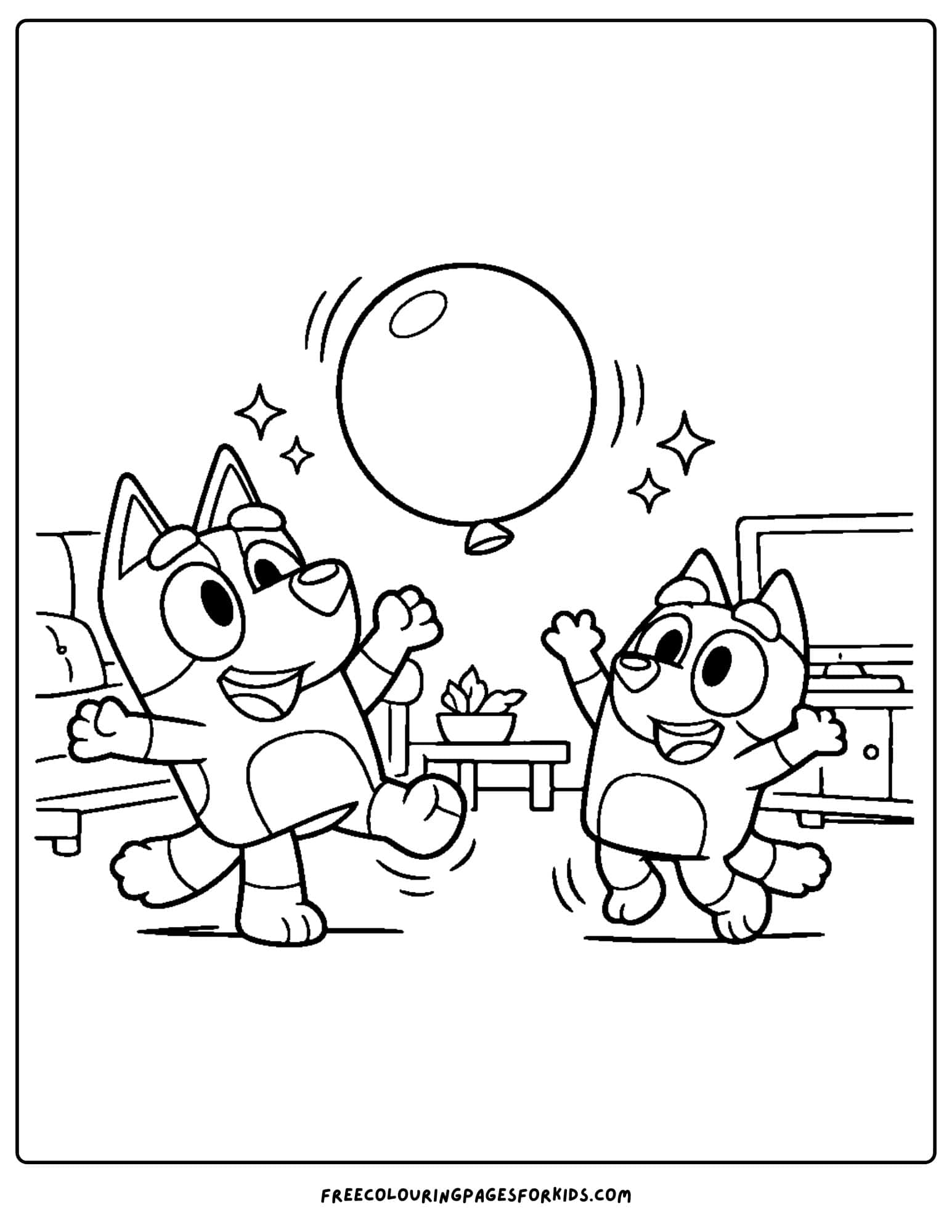 a coloring page of bluey and bingo playing keepy uppy with a balloon