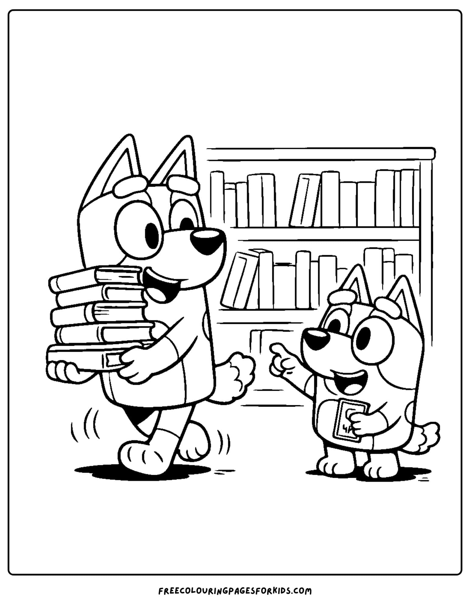 a coloring page of bluey at the library
