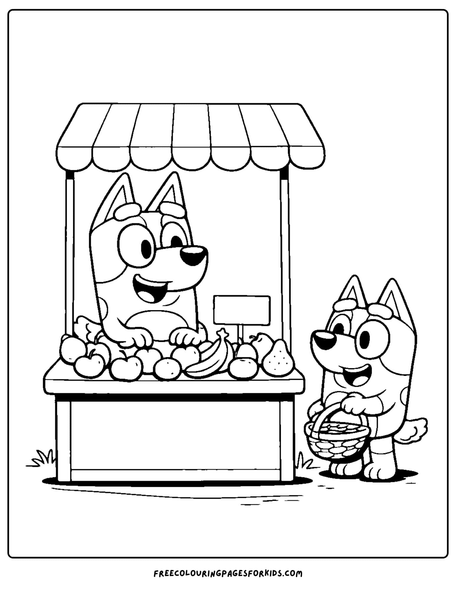 a coloring page of bluey and bingo running a market stall