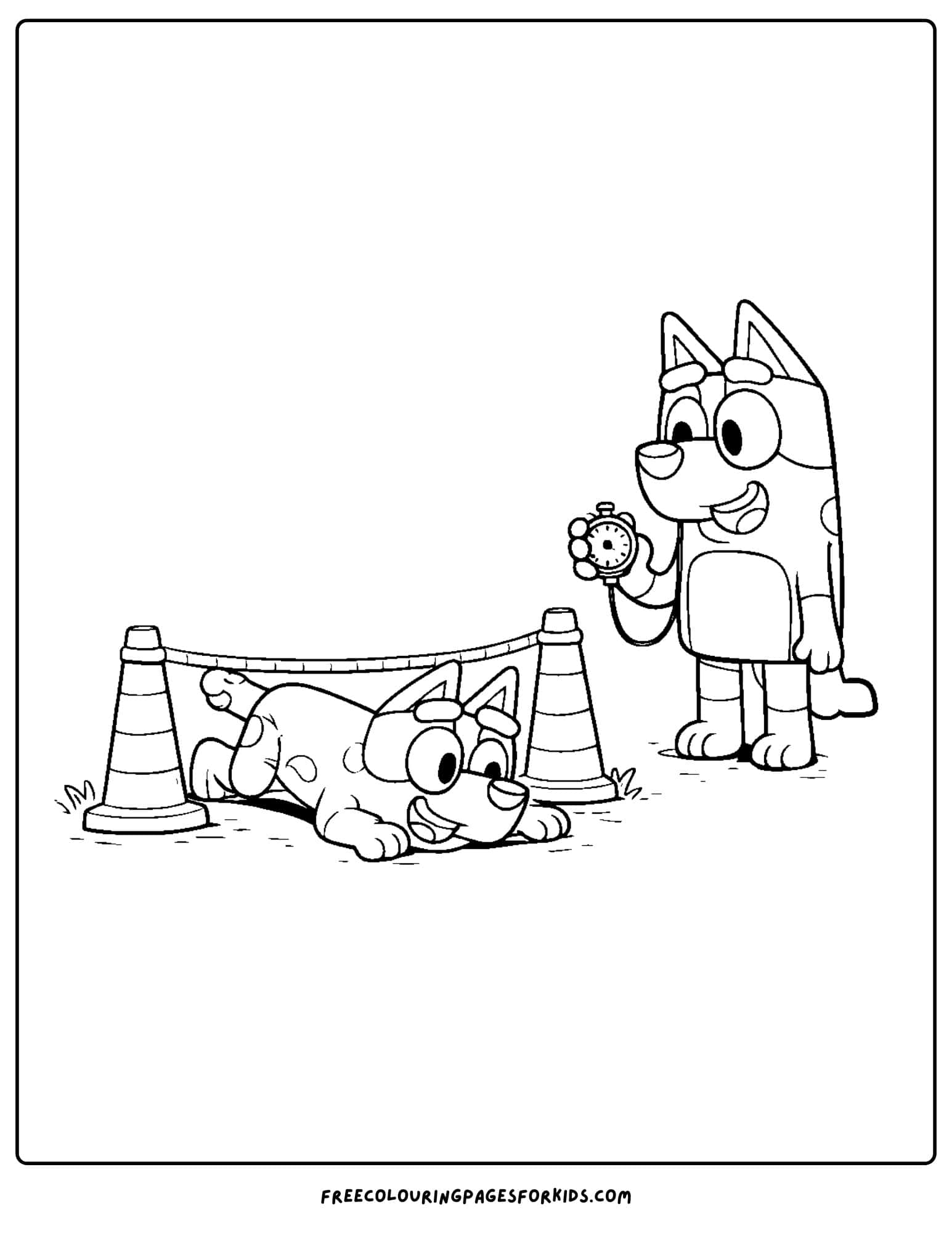 a coloring page of bluey running through an obstacle course