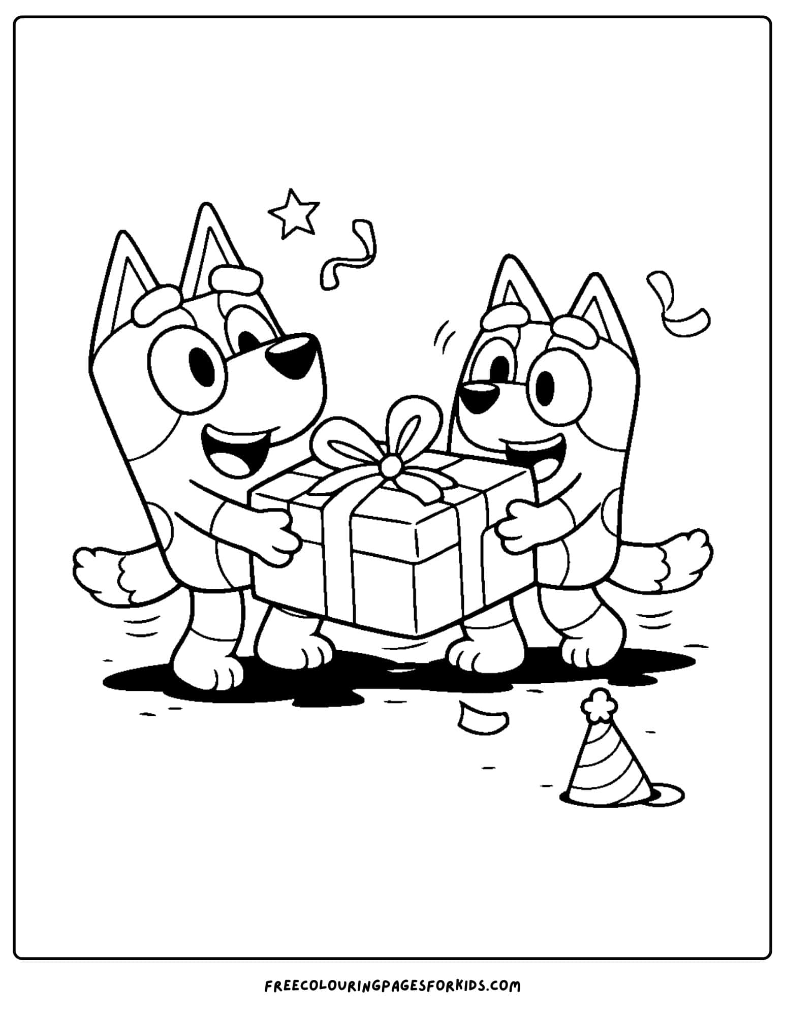 a coloring page of bluey and bingo playing pass the parcel