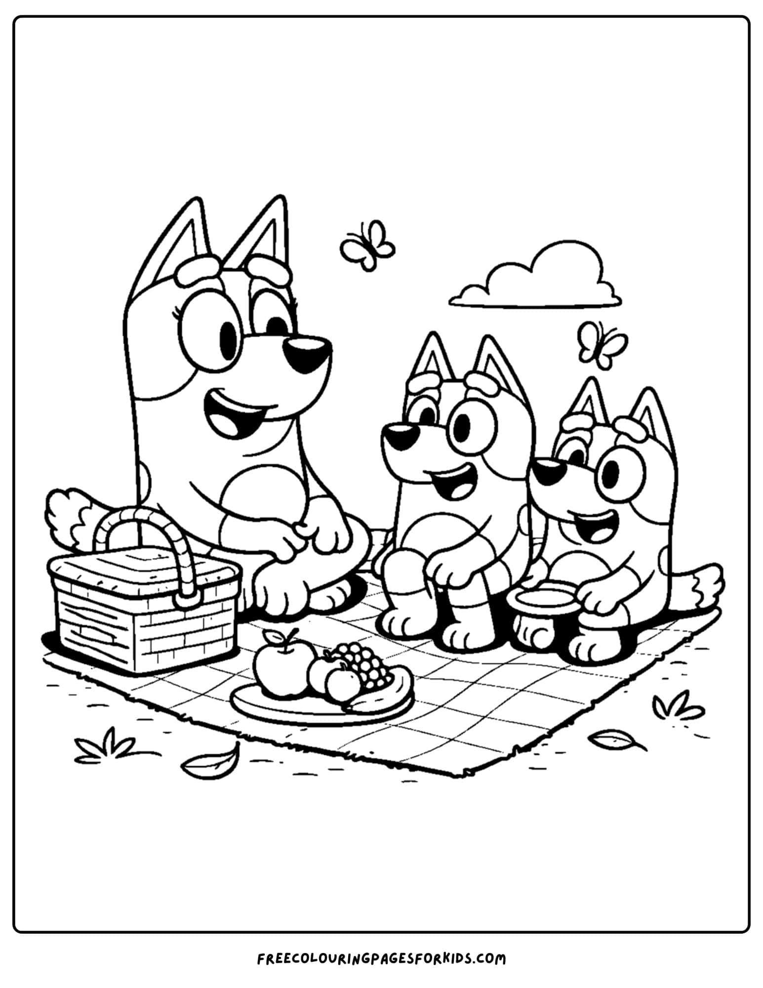 a coloring page of bluey and bingo having a picnic with chilli